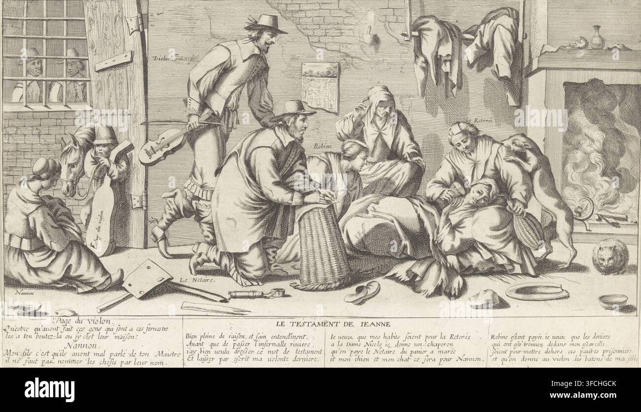 Entwurf des Testaments der armen Frau, Le Testament de Jeanne, Druck, Ein Notar verzeichnet das Testament einer sterbenden alten Frau in Anwesenheit von vier Frauen, einem Geiger und seinem Diener. Laut der Bildunterschrift hinterlässt sie ihren bösartigen Hund und ihren mottenzerfressenen Kater Nannon, die Beine ihres zerbrochenen Hockers dem Geiger und ihr elendes Kleiderzimmer soll zur Lösegeldzahlung für Gefangene verwendet werden., Druckgrafiker: George Lejuge, Frankreich, nach Entwurf von Henri Testelin (möglicherweise), ca. 1640 - ca. 1646, 1640 - 1660, Papier, Radierung, Stich, Höhe 234 mm x Breite 402 mm, die Armen, Sterbebett, Notar, Testamentserstellung., Ein detailliertes Schwarz Stockfoto