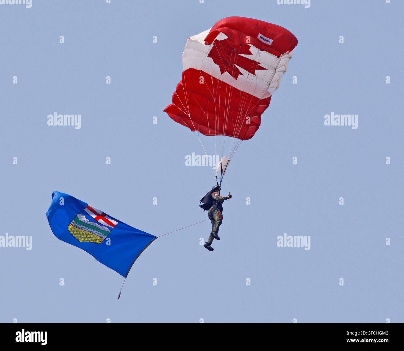 SkyHawks-Fallschirmspringer der kanadischen Streitkräfte mit einem kanadischen Flaggenfallschirm und der Alberta-Flagge auf der Red Deer Airshow, Kanada Stockfoto