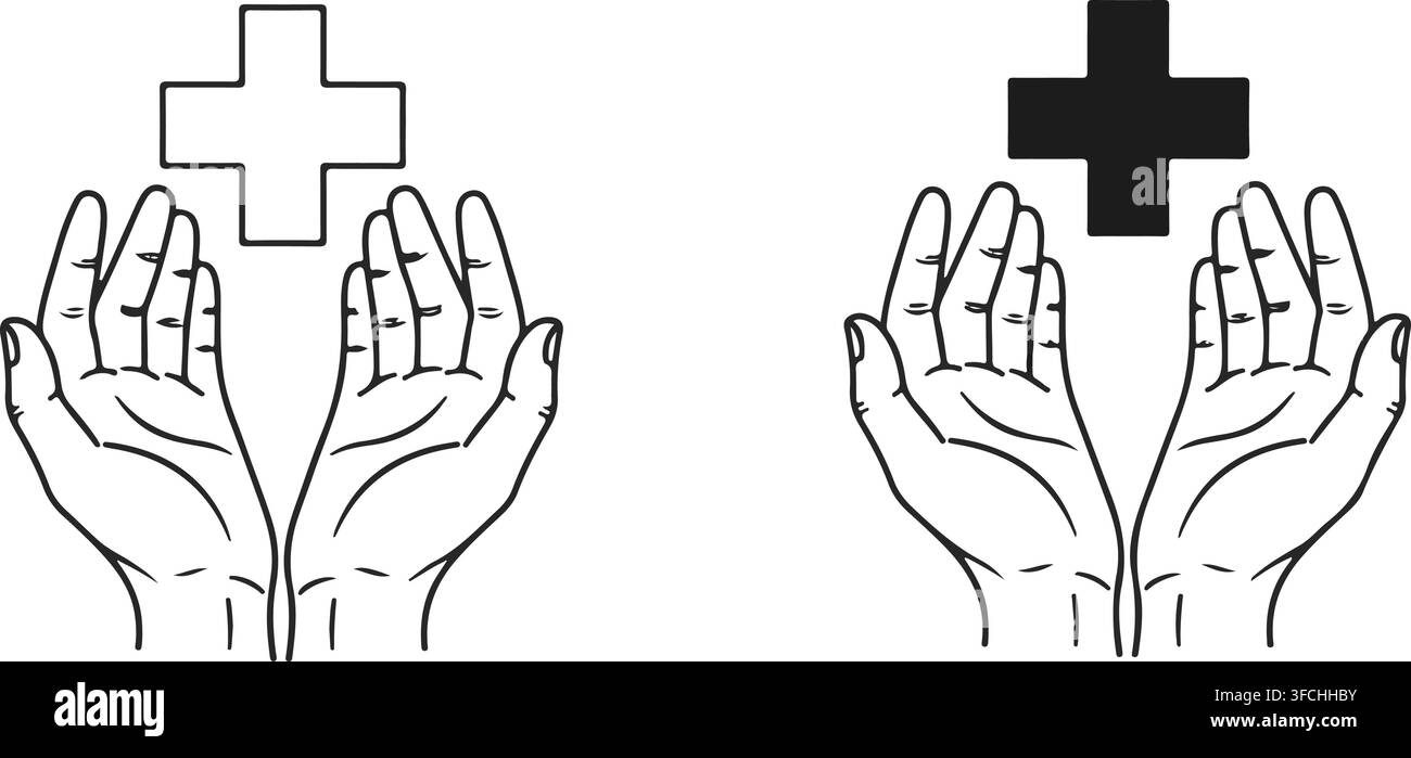 Medizinisches Kreuz und fürsorgliche Hände Icons-Set für Gesundheitsdienstleistungen und Identitäten von Wohltätigkeitsstiftungen. Stock Vektor