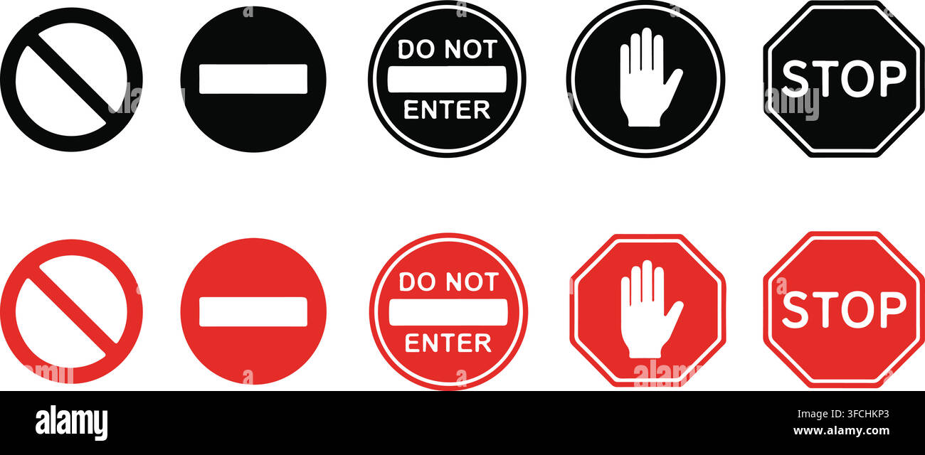 Sammlung von Verbotsschildern und Warnschildern in Schwarz und Rot, die Stopphand und „Nicht einfahren“-Symbole zeigen. Stock Vektor