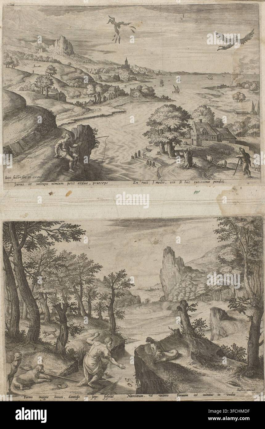 Landschaft mit Narzisse, Druck, Albumseite, Inschrift: '80', Drucker: zugeschrieben Johann Sadeler (I), Südliche Niederlande, Antwerpen (möglicherweise), ca. 1570, Zugeschrieben, Papier, Radierung, Höhe 137 mm x Breite 196 mm, Narzisse in eine Narzisse verwandelt: Wenn Narzisse vor der Liebe seines im Wasser reflektierten Bildes dahinschwindet, wird er in eine Narzisse verwandelt (Ovid, Metamorphosen III 510). Eine vertikal geteilte Radierung, die zwei verschiedene Landschaftsszenen zeigt, die übereinander gestapelt sind. Die obere Szene zeigt einen breiten Fluss oder eine Bucht mit Booten auf dem Wasser und Ufern, die mit Bäumen gesäumt sind, Stockfoto