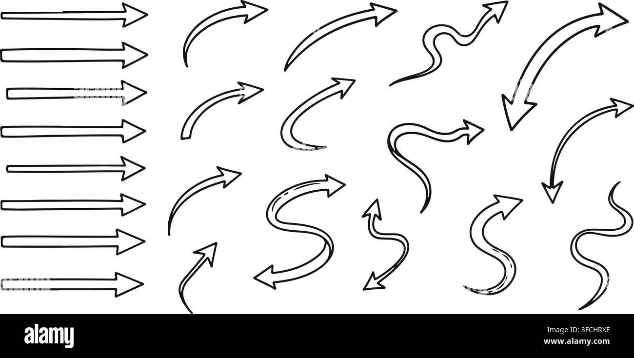 Satz verschiedener handgezeichneter schwarzer Doodle-Pfeile, die in verschiedene Richtungen zeigen, isoliert auf transparentem Hintergrund. Stock Vektor