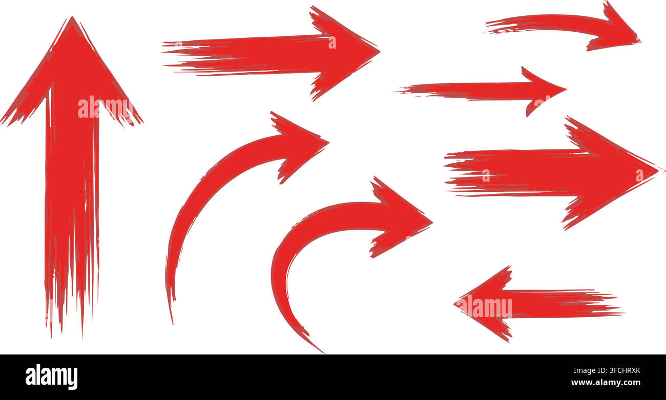 Satz verschiedener roter Grunge-Pinselstrich-Pfeile, die in verschiedene Richtungen zeigen, isoliert auf transparentem Hintergrund für Design. Stock Vektor