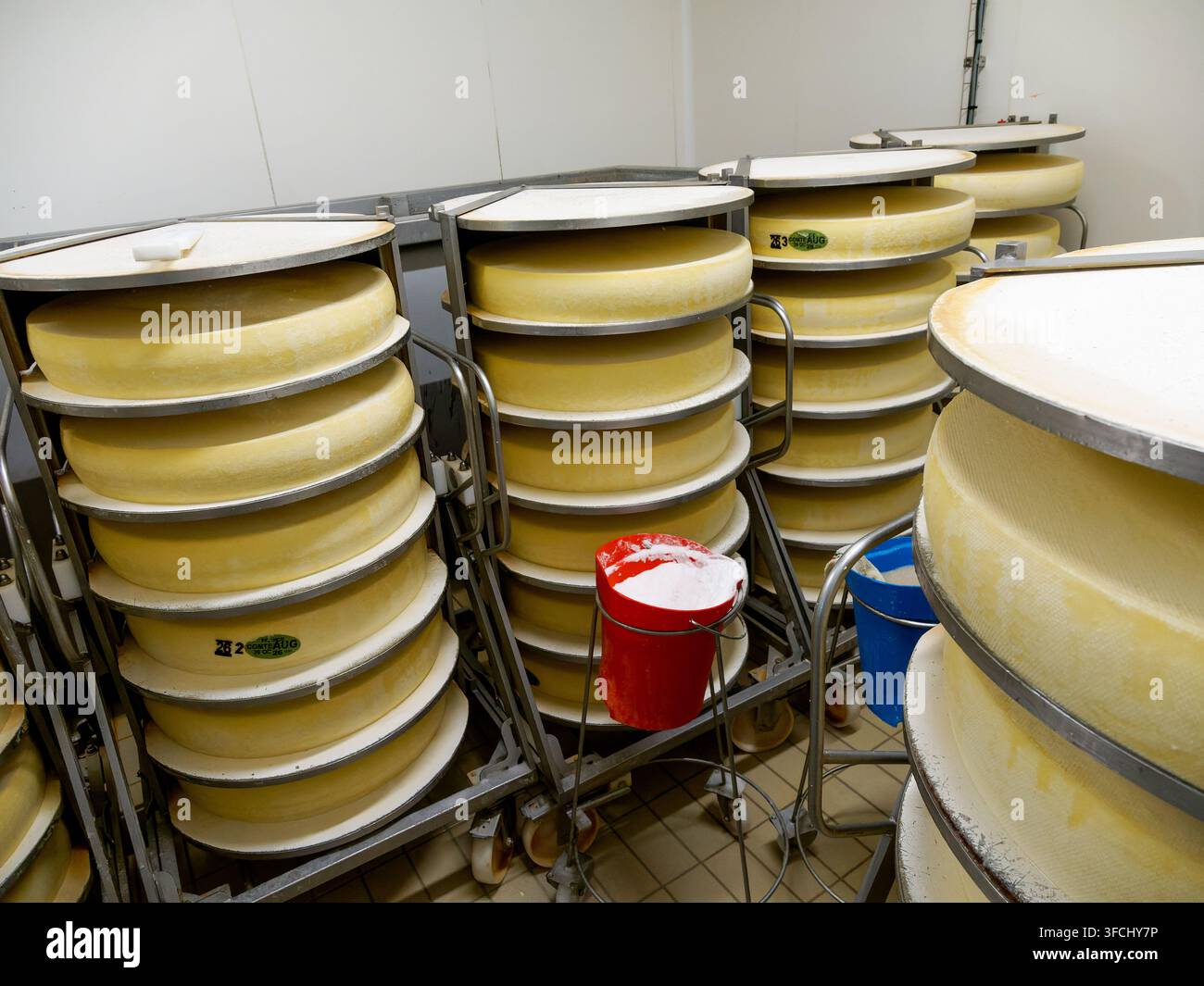 Stapel großer Comté-Käse-Räder im Keller von Fruitire du Pays Grandvallier, Saint-Laurent-en-Grandvaux. Stockfoto