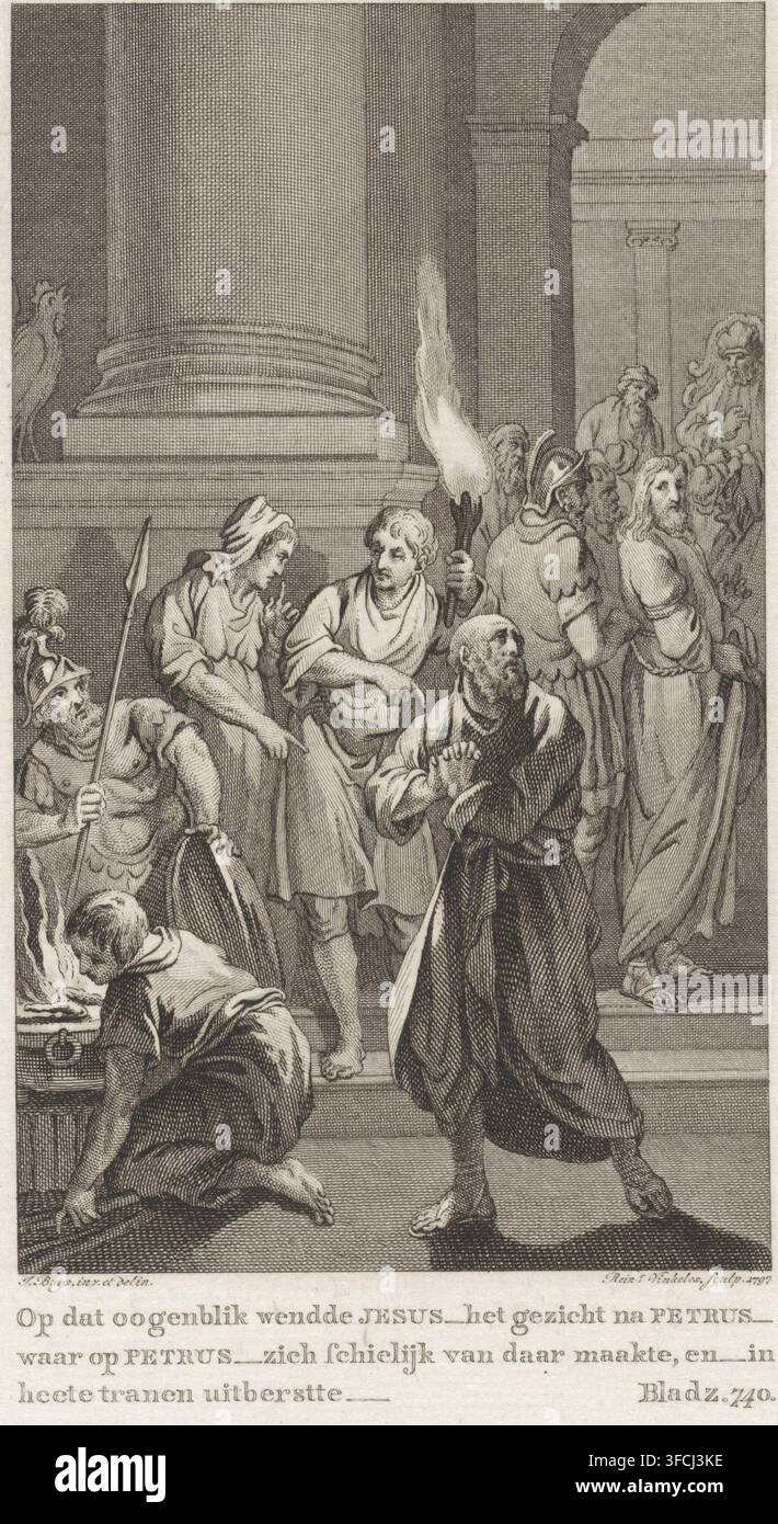 Peter leugnet Christus, In diesem Moment wandte Jesus sein Gesicht Peter zu, woraufhin Peter sich schnell entfernte und in heiße Tränen ausbrach, Druck, Radierer: Reinier Vinkeles (I), Amsterdam, nach Zeichnung von Jacobus Buys, 1797, Papier, Radierung, Kupferstich, Radierung und Kupferstich, Höhe 238 mm x Breite 156 mm, gewöhnlich vor einem Dienstmädchen und einigen Soldaten., Eine Graustufenradierung zeigt eine Gruppe von Figuren auf Steinstufen vor großen klassischen Säulen und einem gewölbten architektonischen Hintergrund. Im Vordergrund steht ein barfüßiger Mann mit Bart und Robe mit gefalteten Händen in der Nähe seiner Brust, sein Stockfoto