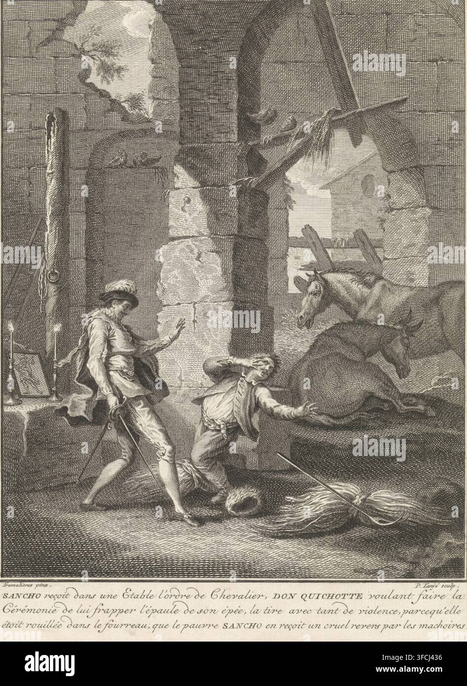 Sancho Panza wird von Don Quijote zum Ritter geschlagen, Druck, Buchillustration, Sancho Panza wird von Don Quijote in einem Stall zum Ritter geschlagen. Sancho fällt rückwärts von dem Schlag. Unten im Rand eine Bildunterschrift auf Französisch., Kupferstecher: Pieter Tanjé, Amsterdam, nach einem Gemälde von Pierre Charles Trémolière, 1716 - 1761, Papier, Radierung, Stich, Radierung und Stich, Höhe 213 mm x Breite 160 mm, Don Quijote, Sancho Panza., Eine detaillierte Schwarzweißradierung zeigt zwei Männer in historischer Kleidung in einem steinernen Gewölbeinneren, wo zerbrochener Mauerwerk und Holzbalken sichtbar sind. Ein Mann steht mit einem Schwert an seinem Stockfoto