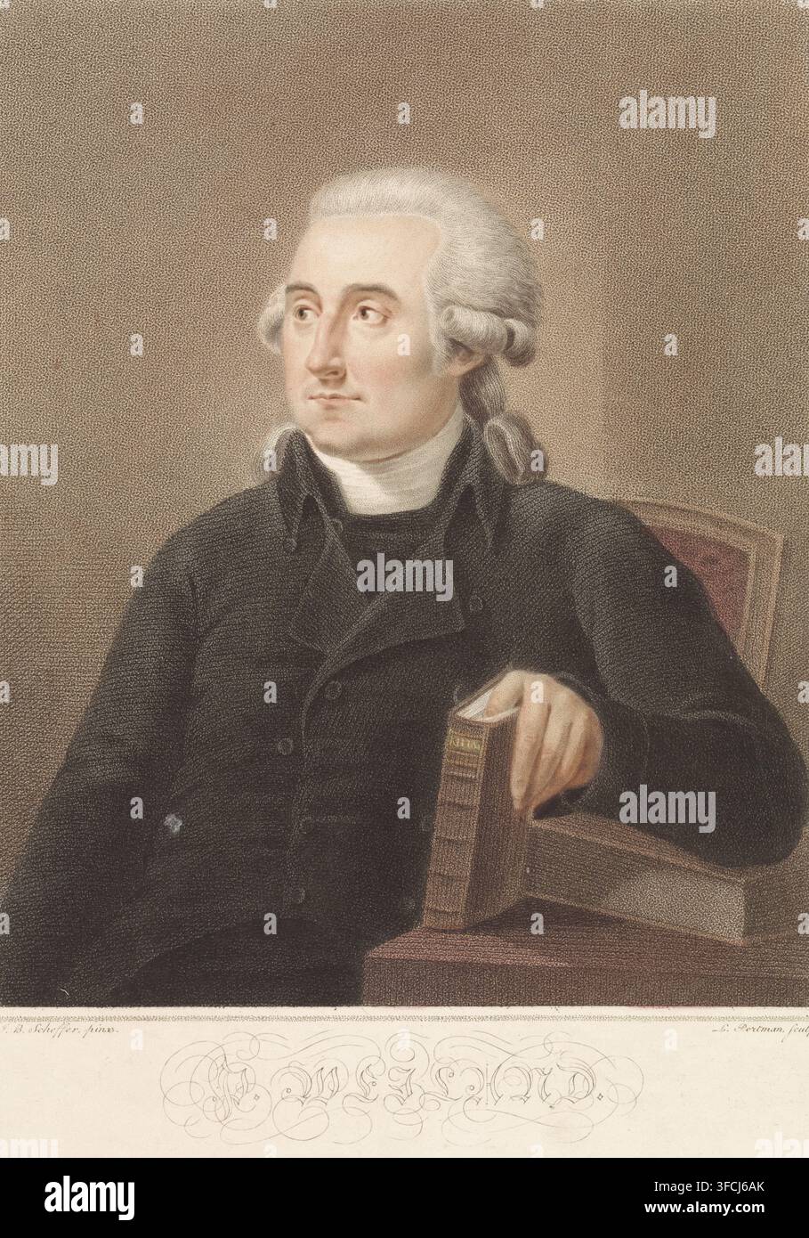 Porträt von Pieter Weiland, Linguist und Remonstrantischer Pfarrer, Druck, In seiner linken Hand hält er ein Buch des Schriftstellers Killian. Am Rand der Name des Abgebildeten., Drucker: Ludwig Gottlieb Portman, unbekannt, nach einem Gemälde von Johan Bernard Scheffer, 1787 - 1828, Papier, Stippelungen, Radierung, à la poupée, Handkolorierung, Stippelungen en ets à la poupée, handkoloriert, Höhe 280 mm x Breite 216 mm, Person, Pieter Weiland, Buch., Ein sitzender Mann mit gepudertem Haar, das in Seitenschlägern und einem zurückgebundenen Teil gestylt ist, trägt einen dunklen doppelreihigen Mantel und einen hohen weißen Kragen, sein Gesicht ist leicht zur Seite gedreht Stockfoto