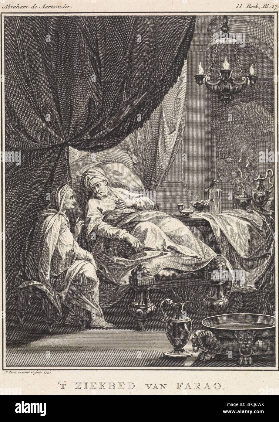 Pharao von Ägypten, von einer Seuche getroffen, Das Krankenbett des Pharaos, Druck, Buchillustration, Der Pharao und sein Hofstaat werden wegen der Entführung von Sarah von schweren Seuchen heimgesucht. Der Pharao liegt auf seinem Bett in seinem Palast. Sarah sitzt neben seinem Bett., Druckgrafiker: Jan Punt, Amsterdam, 1743, Papier, Radierung, Stich, Radierung und Stich, Höhe 197 mm x Breite 145 mm, Gott sendet Seuchen auf den Pharao, Geschichte von Abraham., Eine detaillierte Schwarzweißradierung zeigt ein reich geschmücktes Interieur mit einem großen Baldachinvorhang, der zurückgezogen ist, um einen liegenden Mann auf einem erhöhten Bett zu enthüllen, der in Gewändern und einem Turban gekleidet ist, Stockfoto