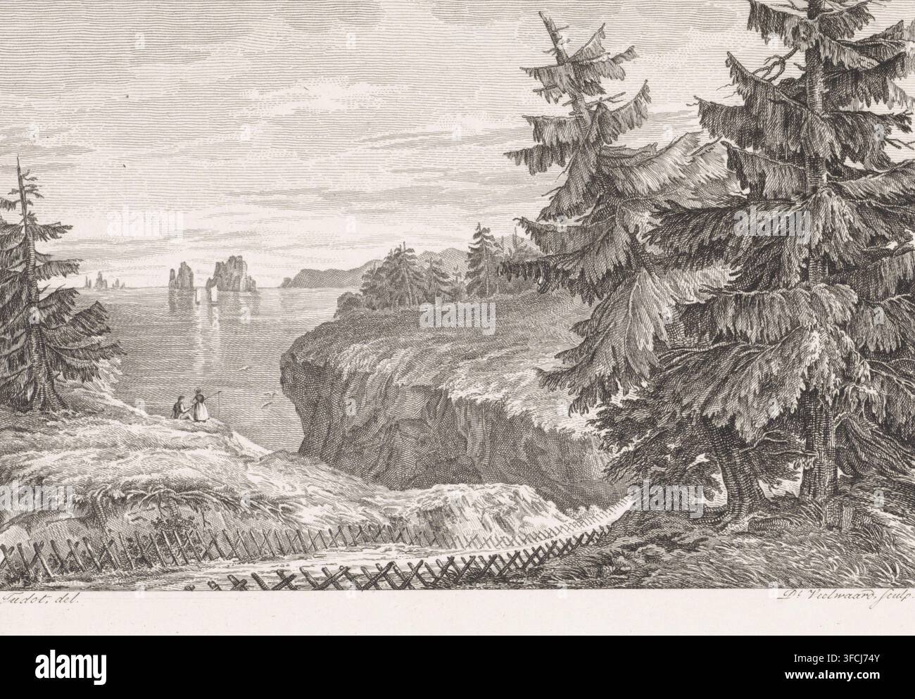 Landschaft mit See, Druck, Zwei Figuren an einem See., Druckgrafiker: Daniël Veelwaard (I), Amsterdam, nach Zeichnung von Edmond Tudot, 1776 - 1851, Papier, Radierung, Gravur, Höhe 147 mm x Breite 232 mm, See, Bäume., Eine detaillierte Monochrom-Radierung zeigt eine Küstenkliffszenario mit hohen immergrünen Bäumen im Vordergrund und Mittelgrund, deren herabhängende Äste und Nadeln mit feinen Kreuzhatchings wiedergegeben sind. Ein raues grasbewachsenes Plateau führt zu einer steilen felsigen Klippe, die zum Wasser darunter abfällt. Zwei kleine Figuren stehen in der Nähe des Klippenrandes, eine sitzend und eine stehend, die stehende Figur hält eine lange Stockfoto