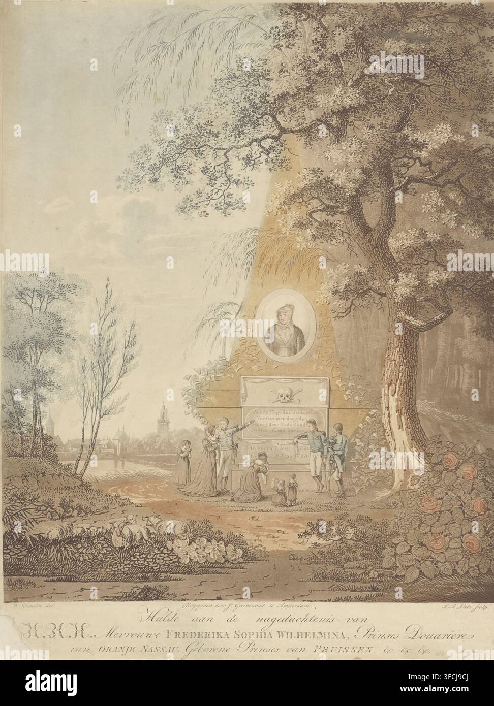 Gedächtnznadel anlässlich des Todes von Wilhelmina von Preußen, Tribut zur Erinnerung an Ihre Hoheit Madame Frederika Sophia Wilhelmina, Prinzessin von Oranien-Nassau, Druck, Drucker: A. Lutz, Den Haag, nach Zeichnung von W. Johnston, Verleger: Johannes Groenewoud Jansz, Amsterdam, 1822, Papier, Radierung, Stippelchen, à la poupée, Aquatinta, Stippelchen und Aquatinta à la poupée, Beweis, Höhe 509 mm x Breite 389 mm, Person, Wilhelmina von Preußen (1751-1820), Obelisk, Nadel, Zeitperiode, 1820., Eine sepiafarbene Landschaftsszene mit Bäumen, die eine Lichtung einrahmen, auf der ein steinernes Denkmal mit einem Porträt steht Stockfoto