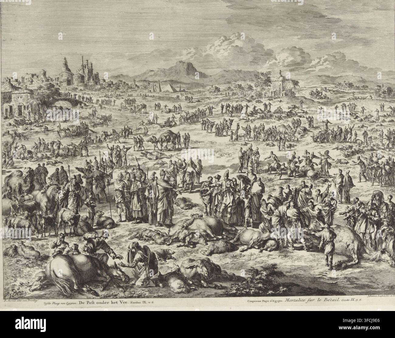 Die fünfte Plage Ägyptens. Die Viegeplage., Viegeplage, Druck, Buchillustration, Blick auf eine Landschaft in der Nähe einer Stadt, in der Menschen trauern und Gesten der Verzweiflung über ihr Vieh machen, das an der Seuche tot oder sterbend ist. Der Druck ist eine Darstellung der fünften Plage, die Gott über Ägypten brachte., Druckgrafiker: Jan Luyken, Verleger: Pieter Mortier (I), Amsterdam, 1708, unbekannt, Privilegiengeber, Papier, Radierung, Höhe 339 mm x Breite 434 mm, die Viehseuche: Alle Tiere der Ägypter sterben., Ein breiter Monochrom-Druck, der eine weite, überfüllte Landschaft zeigt mit Stockfoto