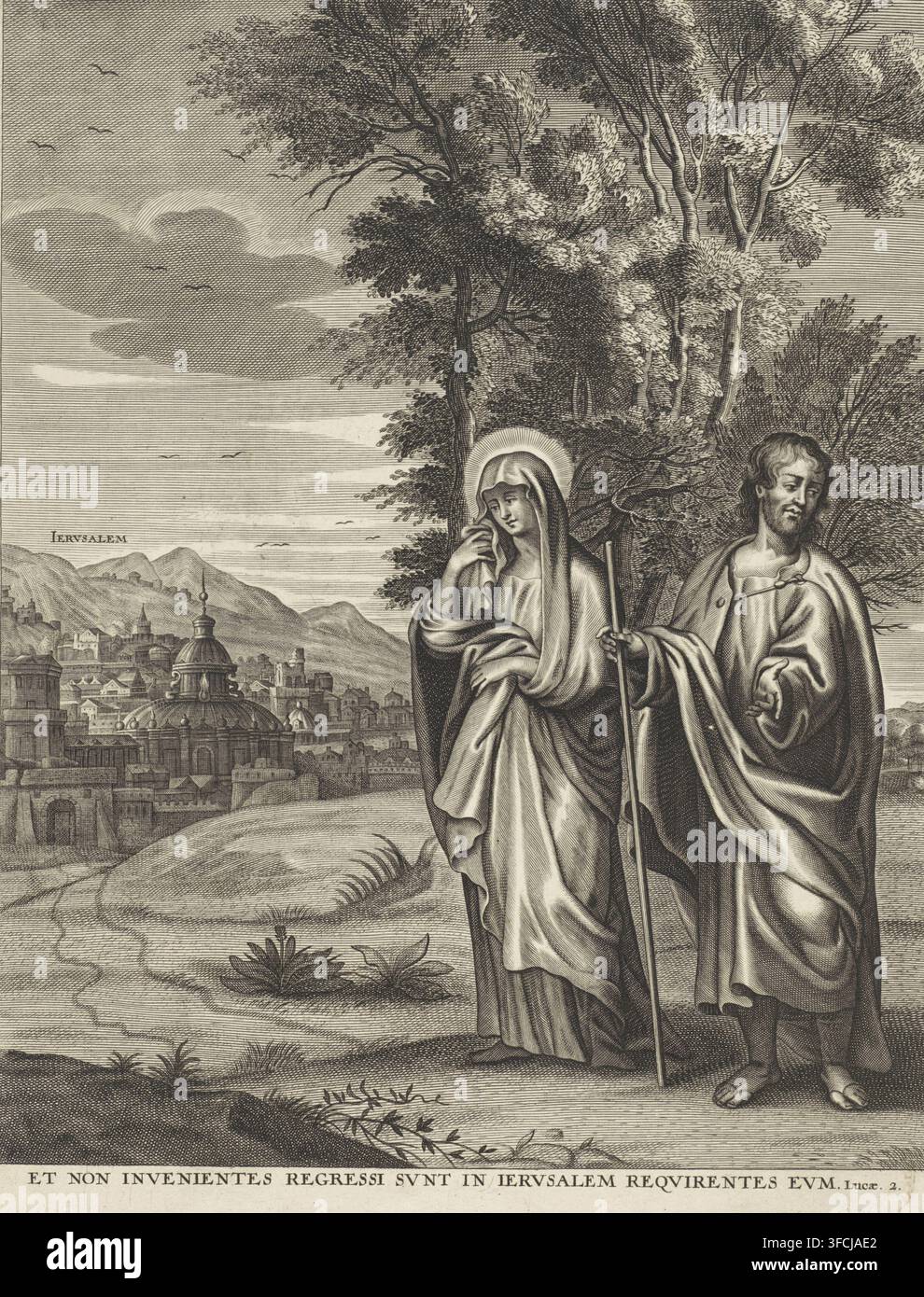 Maria und Josef kehren nach Jerusalem zurück, Druck, Rechts steht eine trauernde Maria neben Josef. Sie kehren nach Jerusalem zurück, das im Hintergrund links liegt, um nach Christus zu suchen, der zurückgeblieben ist. Unter dem lateinischen Satz aus Lukas 2:45. Niederlande, nach Entwurf von Peter Paul Rubens, Antwerpen, Verleger: Gilles Hendricx, 1640 - 1677, Stecher, Papier, Radierung, Gravur, Höhe 450 mm x Breite 340 mm, Maria und Josef auf der Suche nach ihrem Kind. Eine detaillierte Schwarzweißradierung zeigt eine Stadtlandschaft mit kuppelförmigen und turmartigen Gebäuden vor einer hügeligen Landschaft und einem Himmel, der gefüllt ist mit Stockfoto