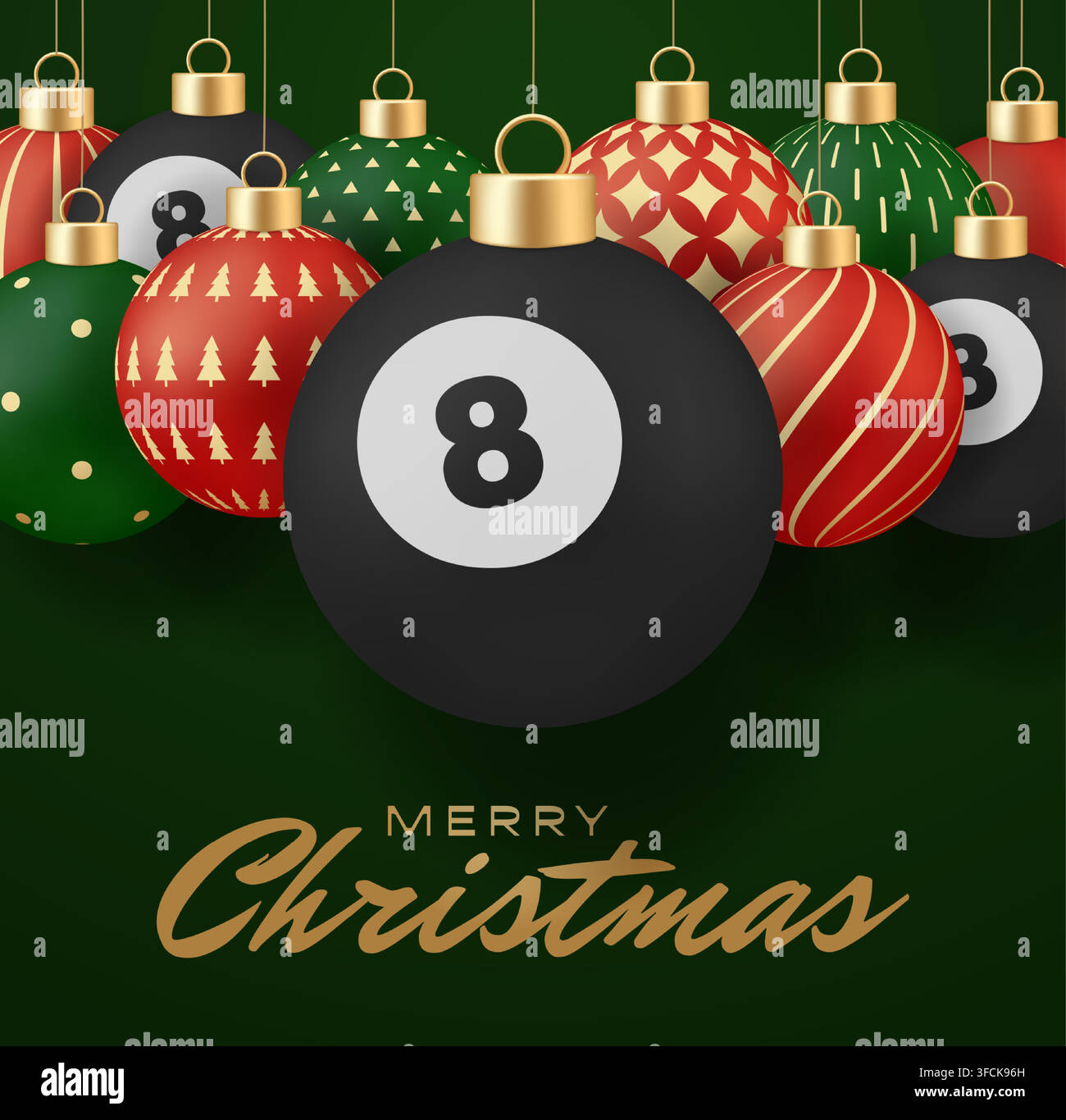 Pool-Ball-Weihnachtskarte Spielerische Billard-8-Ball-Weihnachtsornamente hängen als kreative Feiertagsdekorationen für eine festliche Grußkarte. Stock Vektor
