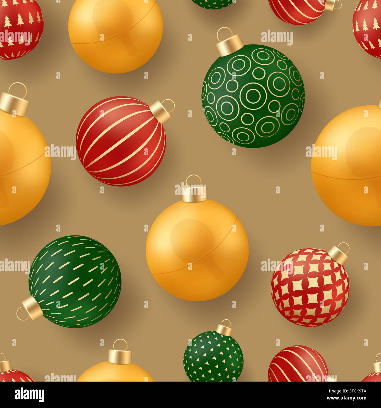 Ping-Pong-Weihnachtskarte. Elegante Weihnachtskugeln in Rot, Grün und Gold, die ein fröhliches Nahtlos-Muster für festliche Feiertagsdekoration bilden.. Stock Vektor