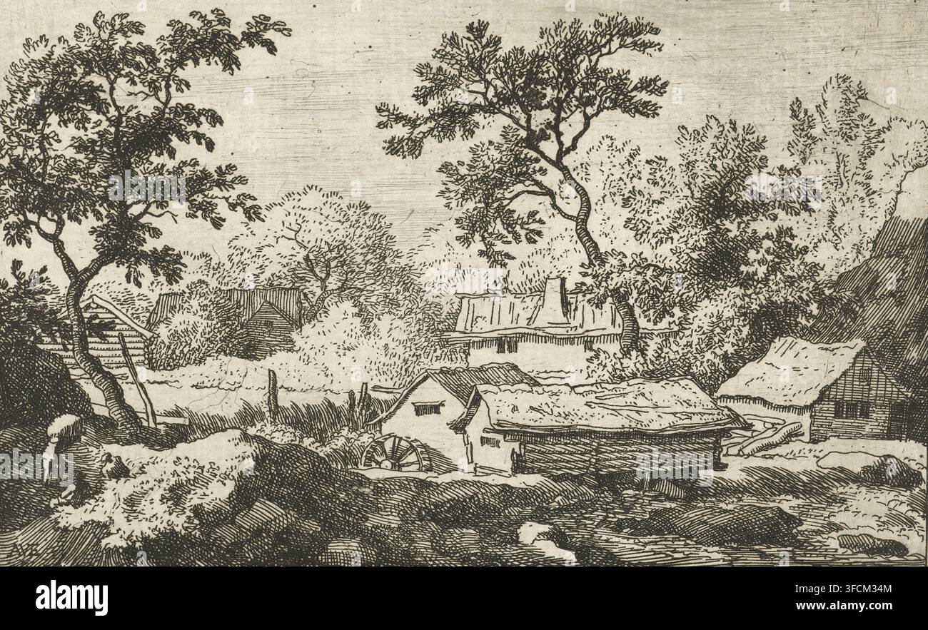 Landschaft mit Wassermühle, Druck, Blick auf mehrere Häuser und eine Wassermühle an einem Wasserfall. Zwei Personen sitzen im Vordergrund an einem kleinen Hügel, während eine dritte etwas auf dem Rücken trägt., Druckgrafiker: Allaert van Everdingen, Niederlande, 1631 - 1675, Papier, Radierung, Höhe 101 mm x Breite 159 mm, Wassermühle in der Landschaft (+ Stadt(-bild) mit Figuren, Staffage)., Eine Tintenlandschaft, die eine ländliche Szene mit mehreren Bäumen unterschiedlicher Formen und Belaubung über den Horizont zeigt, gruppierte Büsche und Unterholz sowie einige einfache Gebäude mit Satteldächern und Strohdächern, die teilweise verdeckt sind durch Stockfoto