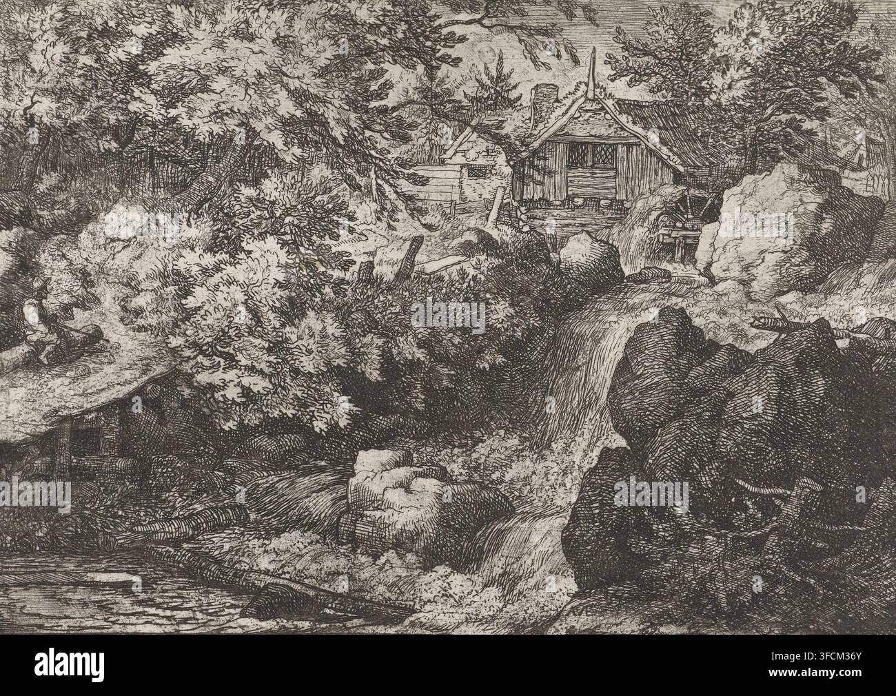 Wassermühle in der Nähe eines Wasserfalls, Druck, Blick auf einen Wasserfall mit einer Wassermühle an der Spitze. Ein Mann sitzt auf einem Baumstamm auf dem Weg entlang des Wassers., Kupferstecher: Allaert van Everdingen, Niederlande, 1631 - 1675, Papier, Radierung, Höhe 144 mm x Breite 205 mm, Wasserfall., Eine detaillierte schwarzweiße radierte Landschaft, die dichtes Laub und Bäume zeigt, die ein hölzernes Gebäude mit einem Satteldach und einer teilweise sichtbaren Radstruktur daneben umgeben, felsige Ausläufer und kaskadierendes Wasser, das über mehrere Kanten fließt, strukturierte Büsche und Unterholz vor dem Gebäude, ein rauer Pfad oder Bachbett, das sich windet Stockfoto