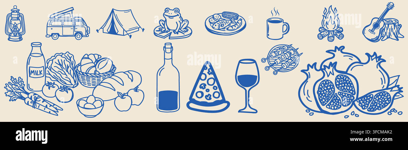 Blaue Linienillustration von Camping und Freizeit mit Laterne, Wohnmobil, Zelt, Lagerfeuer, Gitarre, Essen, Wein und Naturelementen auf beigem Hintergrund. Stock Vektor