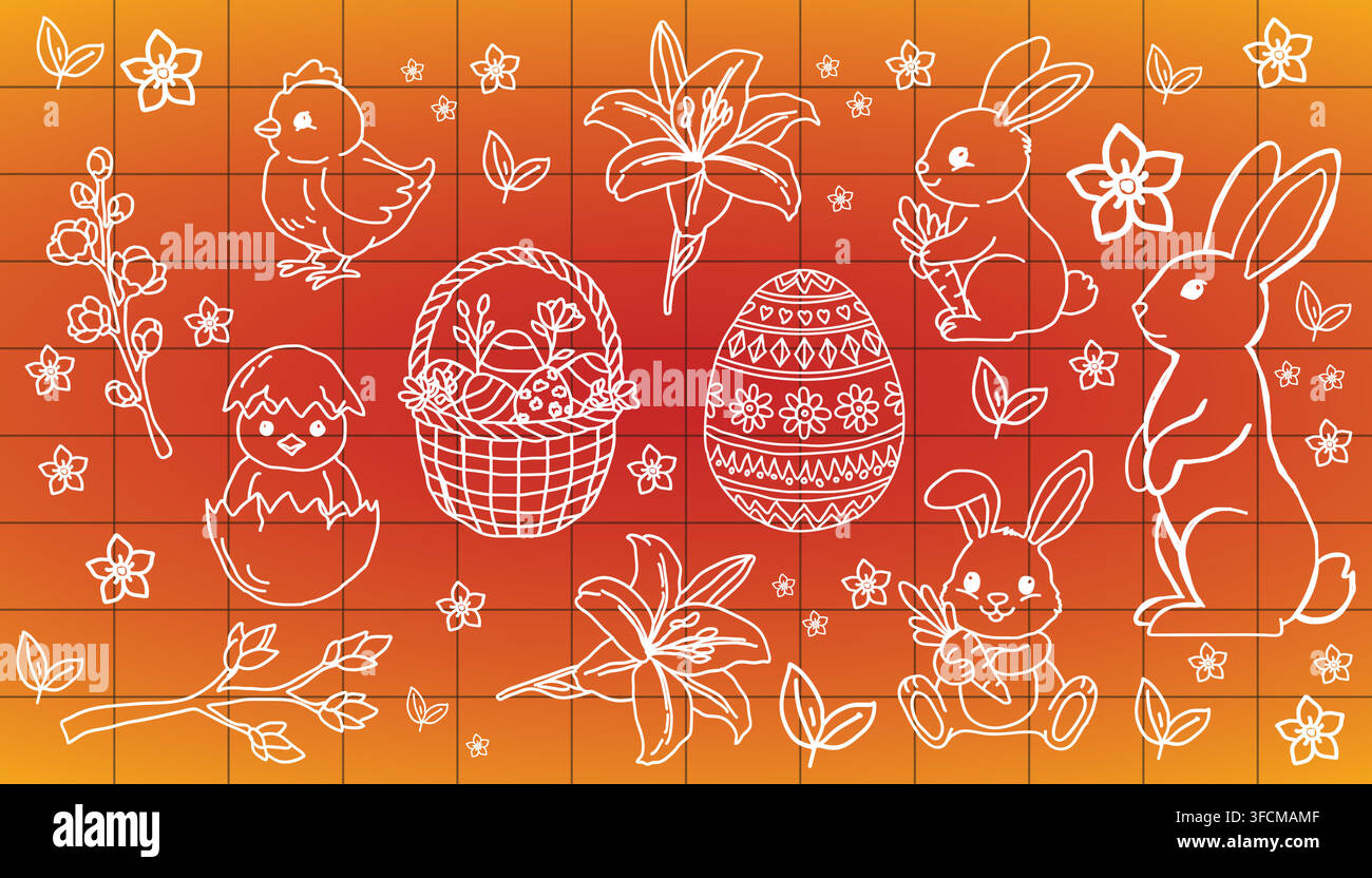 Festliche Osterillustration mit Kaninchen, verzierten Eiern, Küken, Lilien und einem Korb mit Blumen auf orangefarbenem Farbverlaufshintergrund im weißen Linienstil. Stock Vektor