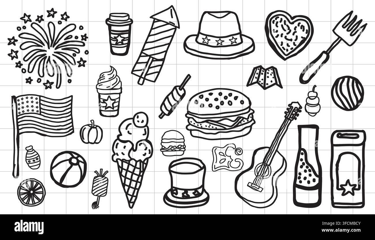 Schwarzweiß-Doodle-Illustration mit Feuerwerk, Essen, Getränken, Flaggen und festlichen Symbolen, die eine Sommerfeier repräsentieren. Stock Vektor