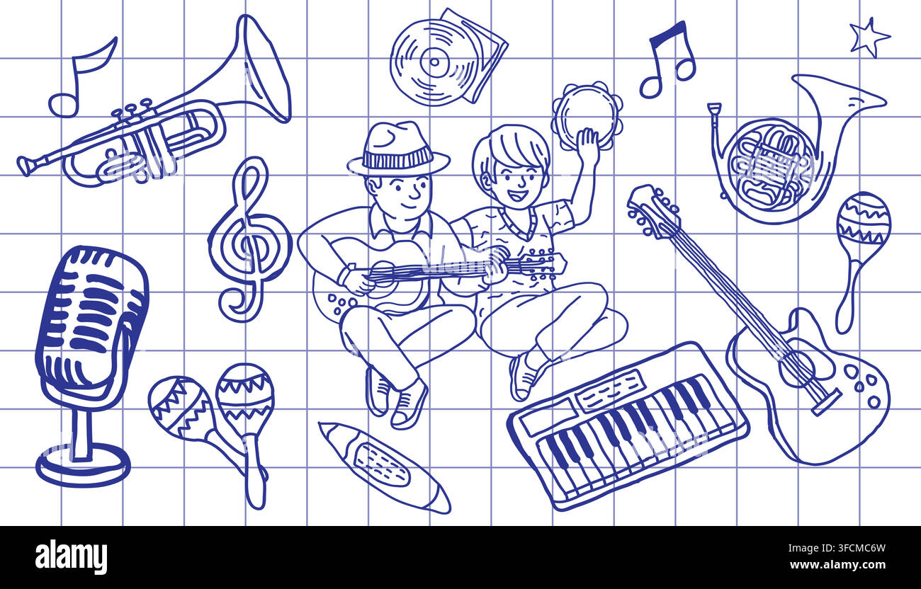 Handgezeichnete blaue Tinten-Doodle-Illustration von Musikern mit Gitarre und Tamburin, umgeben von Musikinstrumenten und Noten auf Millpapierhintergrund Stock Vektor