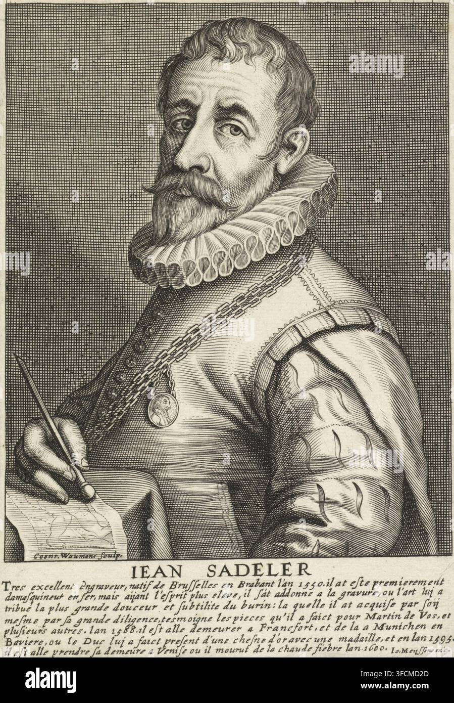 Porträt des Radierers Johann Sadeler (I), Jean Sadeler, Druck, Porträt des Radierers Johann Sadeler (I). In seiner rechten Hand hält er einen Stichel. Am Rand der Name des Abgebildeten und eine siebenzeilige Bildbeschreibung mit biographischen Details in Französisch., Grafikverleger: Coenraet Waumans, Antwerpen, Verleger: Joannes Meyssens, 1649, Papier, Radierung, Gravur, Höhe 167 mm x Breite 117 mm, Person, Johann Sadeler (I), Porträt, Selbstporträt eines Grafik Künstlers., Ein detailliertes schwarzweißes radiertes Porträt eines Mannes, von der Brust aufwärts gezeigt, dreiviertel zur Linken gewandt, mit einem gekräuselten Schnurrbart und spitzem Stockfoto