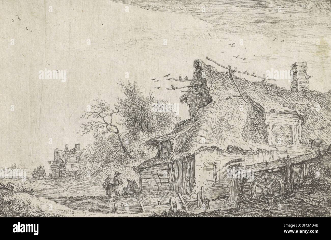Dorfansicht mit einer Wassermühle, Landschaften mit Gebäuden, Druck, Mehrere Häuser stehen in einer Landschaft. Rechts steht ein Haus mit Strohdach und einer Wassermühle. Vor dem Haus sind mehrere Figuren abgebildet., Druckgrafiker: Anthonie Waterloo, Amsterdam (möglicherweise), 1630 - 1663, Papier, Radierung, Höhe 91 mm x Breite 139 mm, Dorf, Wassermühle in der Landschaft., Eine detaillierte Federzeichnung, die eine ländliche Szene mit einem strohgedeckten Häuschen im Vordergrund zeigt, dessen Dach mit dichten, texturierten Linien und einem Schornstein an einem Ende dargestellt ist, ein hölzernes Wagenrad und Zaunelemente in der Nähe des Häuschens, und eine Stockfoto
