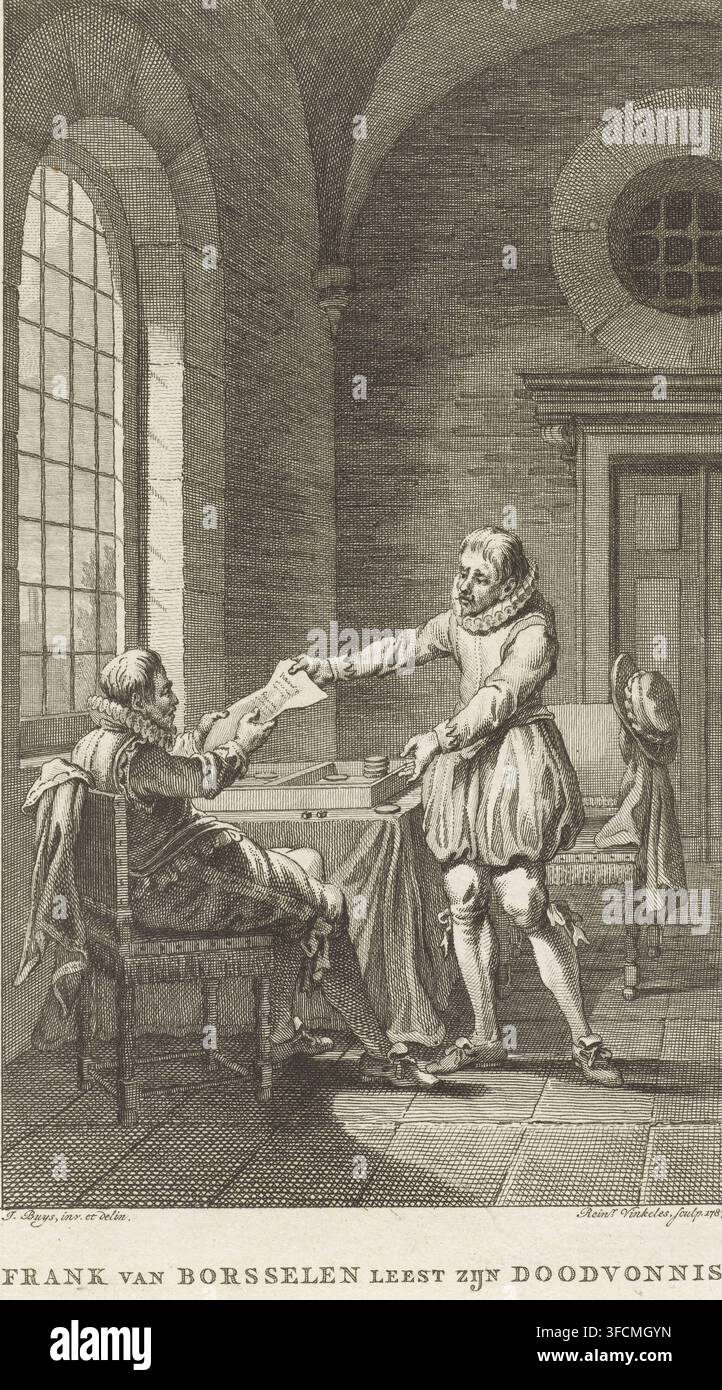 Frank van Borsselen liest sein Todesurteil, Frank van Borselen erhält sein Todesurteil, 1433, Druck, historischer Druck, Frank van Borselen wird nach seiner heimlichen Heirat mit Jacoba van Beieren von Philipp dem Guten im Rupelmonde-Schloss inhaftiert. Hier wird ihm während eines Brettspiels mit dem Schlosswärter sein Todesurteil überreicht, 1433., Druckgrafiker: Reinier Vinkeles (I), Niederlande, nach Zeichnung von Jacobus Buys, 1787, Papier, Radierung, Höhe 178 mm x Breite 113 mm, Person, Jacoba von Bayern (Gräfin von Hennegau), Frank van Borselen, Philipp III. der Gute, Anordnung der Vollstreckung eines Urteils, Stockfoto