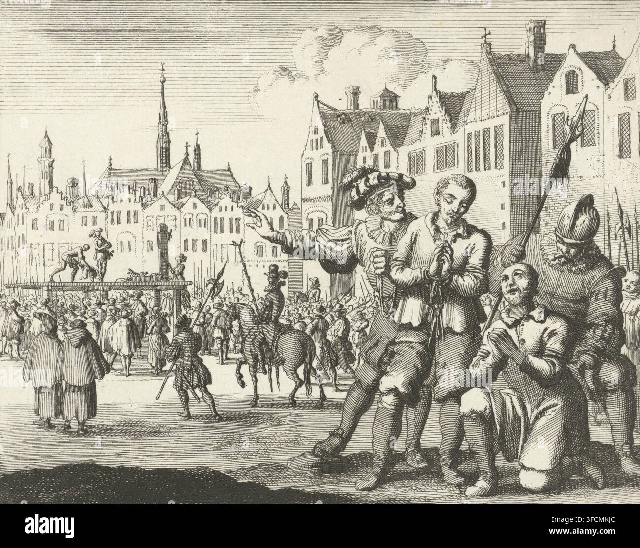 Hans Koch und Leonhard Meister auf dem Weg zum Schafott, 1524, Druck, Buchillustration, Nummer: '50', Drucker: Jan Luyken, Amsterdam, Verleger: Jacobus van der Deyster, Verleger: Herman van den Bergh, Verleger: Joannes Blom, Verleger: Witwe Steven Swart, Verleger: Sander Wybrants, Verleger: Aart Dircksz. Oossaan, 1685, Papier, Radierung, Höhe 115 mm x Breite 145 mm, durch Verbrennung am Pfahl, 'auto-da-fé', auf dem Schafott oder Hinrichtungsort, (Person unter Todesstrafe) auf dem Weg zum Schafott oder Hinrichtungsort, Reformation, Bayern, Augsburg, Periode., Eine detaillierte Schwarzarbeit Stockfoto