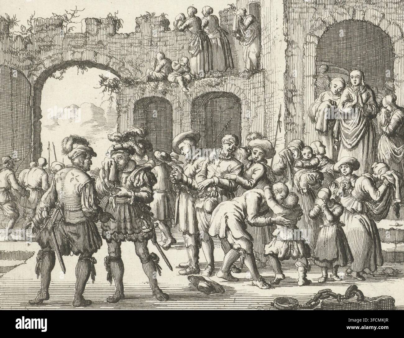 Gekettete Täufer in Österreich verabschieden sich von ihren Familien, 1540, Druck, Buchillustration, Nummer: '55', Kupferstecher: Jan Luyken, Amsterdam, Verleger: Jacobus van der Deyster, Verleger: Herman van den Bergh, Verleger: Joannes Blom, Verleger: Witwe Steven Swart, Verleger: Sander Wybrants, Verleger: Aart Dircksz. Oossaan, 1685, Papier, Radierung, Höhe 115 mm x Breite 148 mm, Verfolgung von Häretikern, (Person unter Todesstrafe) auf dem Weg zum Schafott oder Hinrichtungsort, Reformation, Österreich, Epoche., Eine detaillierte Schwarzweißradierung zeigt eine überfüllte Szene vor einem Stockfoto