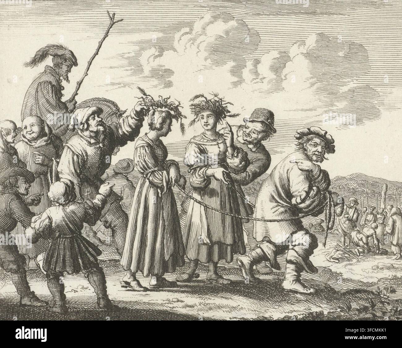 Zwei Mädchen werden 1550 in Bamberg zum Scheiterhaufen geführt, Druck, Buchillustration, Nummer: '61', Drucker: Jan Luyken, Amsterdam, Verleger: Jacobus van der Deyster, Verleger: Herman van den Bergh, Verleger: Joannes Blom, Verleger: Witwe Steven Swart, Verleger: Sander Wybrants, Verleger: Aart Dircksz. Oossaan, 1685, Papier, Radierung, Höhe 115 mm x Breite 145 mm, gewaltsamer Tod durch Verbrennung auf dem Scheiterhaufen, Scheiterhaufen, Verfolgung von Häretikern, (Person unter Todesstrafe) auf dem Weg zum Schafott oder Galgen, Reformation, Bayern, Bamberg, Epoche., Eine detaillierte Schwarzweißradierung zeigt eine Stockfoto