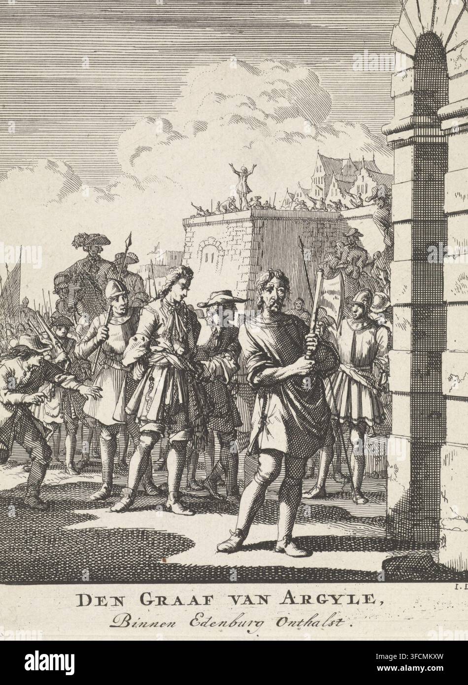 Der Graf von Argyll, Enthauptet in Edinburgh, Hinrichtung des Grafen von Argyll, 1685, Druck, Drucker: Jan Luyken, Amsterdam, 1698, Papier, Radierung, Proof, Höhe 199 mm x Breite 156 mm, Person, Archibald Campbell (2. Marquess und 9. Earl von Argyll), (Person unter Todesstrafe) auf dem Weg zum Schafott oder Hinrichtungsort, Glorreiche Revolution, Edinburgh, Periode, 1685-06-30., Eine detaillierte Schwarzweißradierung, die eine Gruppe von Menschen in historischer Kleidung zeigt, die sich in der Nähe eines Steingebäudes mit einem gewölbten Eingang am rechten Rand versammelt haben; mehrere Männer im Vordergrund tragen knielange Stockfoto