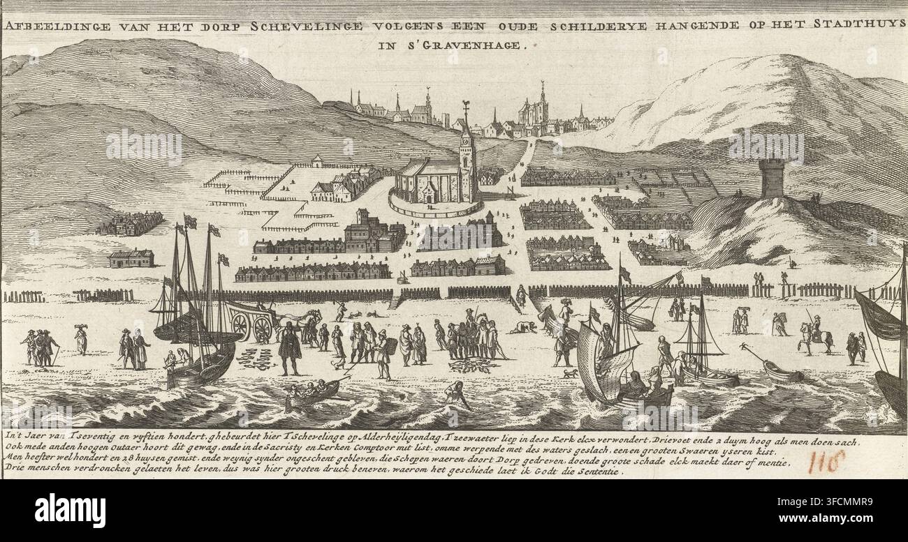 Flut in Scheveningen am Allerheiligen, 1. November 1570, Bild des Dorfes Scheveningen nach einem alten Gemälde, das im Rathaus in Den Haag hängt, Druck, historischer Druck, Ansicht des Dorfes Scheveningen, das von einer Flutwelle am Allerheiligen, 1570, getroffen wurde. 128 Häuser wurden zerstört und 3 Menschen ertranken. Mit einer 4-zeiligen niederländischen Bildunterschrift., Druckgrafiker, nach Zeichnung von, Niederlande, Papier, Radierung, Höhe 129 mm x Breite 240 mm, Dorf, Flut, Hochwasser, Scheveningen, Zeitraum, 1570-11-01., Eine weite Küstenszene mit einer Uferlinie und Wellen im Vordergrund Stockfoto