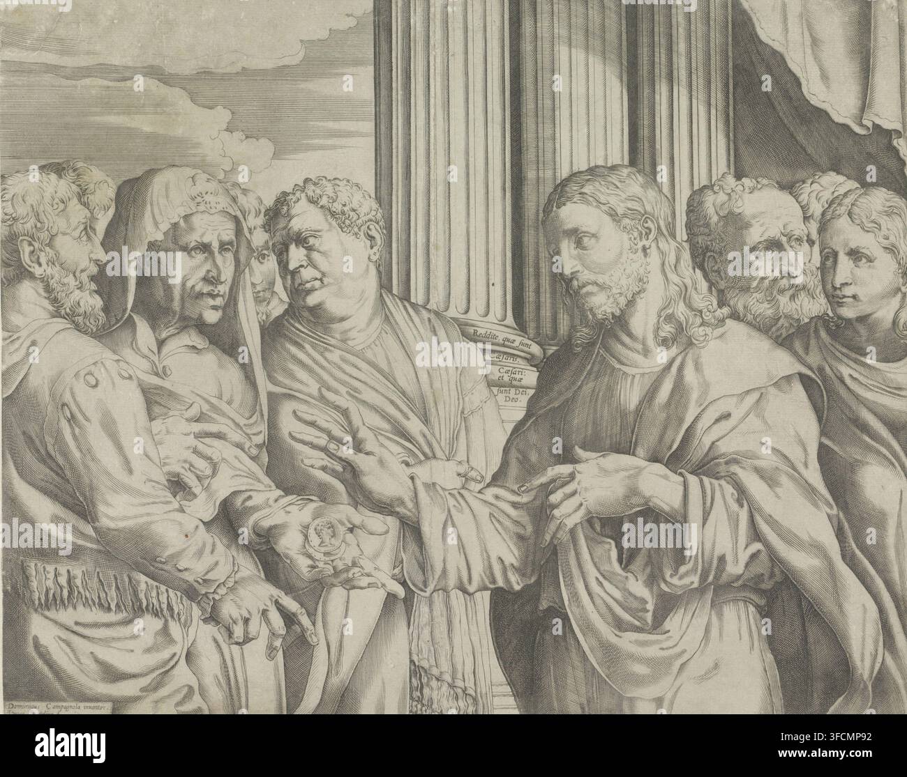Christus und das Zollgeld, Druck, Christus steht rechts und blickt auf einen Mann links, der ihm eine Hand mit zwei Münzen entgegenstreckt. Sie sind von anderen Figuren umgeben. Im Hintergrund rechts drei Säulen und ein Vorhang., Druckgrafiker: Luca Bertelli, Italien, nach Entwurf von Domenico Campagnola, 1560 - 1580, Papier, Radierung, Gravur, Höhe 340 mm x Breite 428 mm, das Zollgeld (Matthäus 17:24-27)., Eine detaillierte Monochrom-Radierung zeigt eine Gruppe von Menschen, die eng beieinander vor einer gerillten Säule und einem drapierten Stoff stehen; die meisten tragen wallende Gewänder und haben unterschiedliche Stockfoto