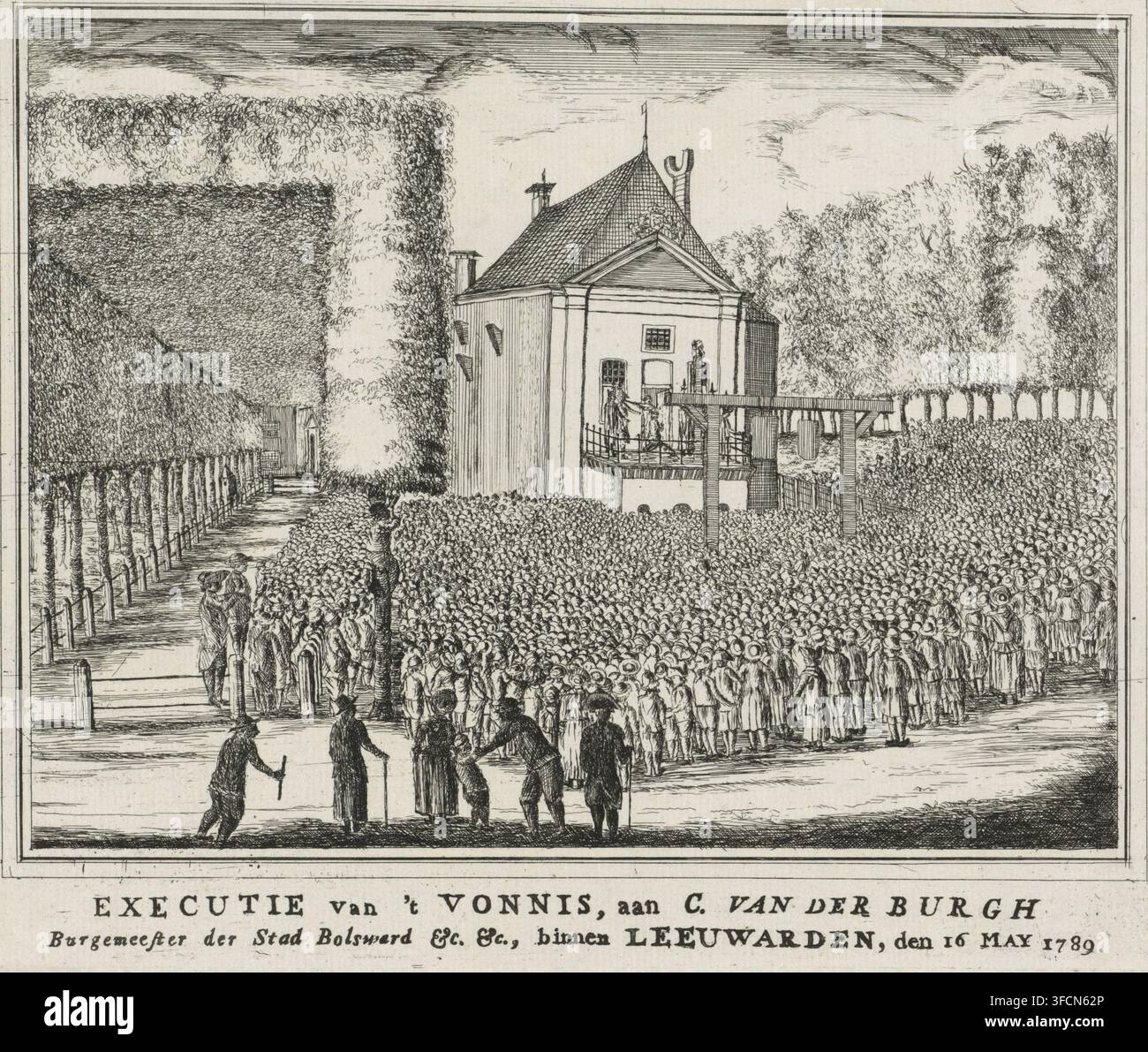Vollstreckung des Urteils gegen C. van der Burgh, Bürgermeister der Stadt Bolsward &c. &c., in Leeuwarden am 16. Mai 1789, Hinrichtung des Bürgermeisters Cornelis van der Burgh in Leeuwarden, Druck, Hinrichtung von Cornelis van der Burg, zum Patrioten-Bürgermeister von Bolsward ernannt, in Leeuwarden am 16. Mai 1789. Vor dem Schafott eine große Zuschauermenge. Als der Bürgermeister mit verbundenen Augen auf dem Schafott kniet, hält der Henker das Schwert über seinem Kopf und das Todesurteil wird in eine Verbannung von zwanzig Jahren umgewandelt., Kupferstecher: Rienk Jelgerhuis, Norden der Niederlande, Papier, Radierung, Höhe 226 mm x Breite 288 Stockfoto