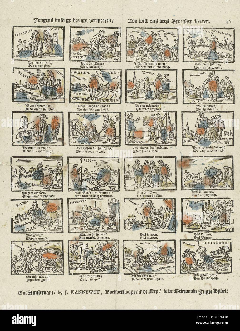 Jungen, wenn ihr die Freude steigern wollt, lernt schnell diese Sprüche, druckt, beliebter Druck, Blatt mit 24 Illustrationen von Sprichwörtern. Unter jedem Bild ein zweizeiliger Vers. Nummeriert oben rechts: 46., Stecher: Monogrammist WH (Stecher), Niederlande, Verleger: Johannes Kannewet (II), Amsterdam, 1725 - 1780, Papier, Holzschnitt, Farbe, Buchdruck, Holzschnitt in Blau, Gelb und Orange gefärbt, Text im Buchdruck, Höhe 415 mm x Breite 310 mm, Sprichwörter, Redewendungen., Ein gedrucktes Blatt, aufgeteilt in ein Raster von rechteckigen illustrierten Feldern, die kleine Holzschnittszenen zeigen, jedes Feld mit schwarzem Rahmen Stockfoto