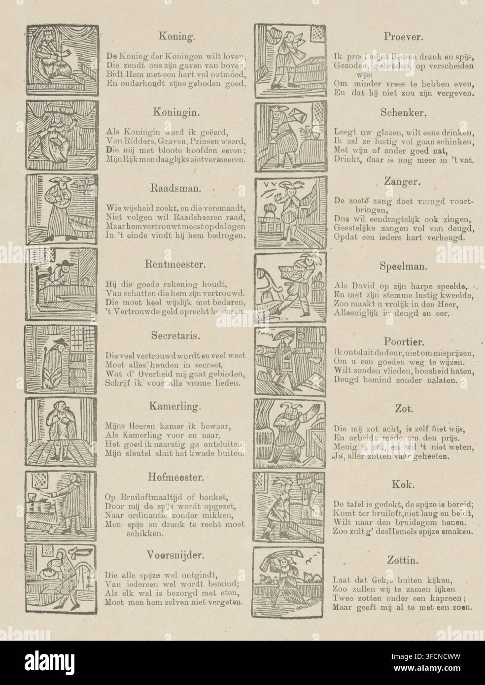 Drei-Königs-Karten, Kartenspiel, Druck, Volksdruck, Blatt mit 16 Darstellungen (Drei-Königs-Karten) verschiedener Funktionen am Hof, darunter ein Ratgeber, ein Geschmackstester und ein Pförtner. Rechts von jedem Bild ein vierzeiliger Vers., Verlag: Geer, Erben von EPA van der (II), Amsterdam, Drucker (Person): Gerrit van der Linden, Niederlande, 1860 - 1875, Drucker (Person), Druckgrafiker, Papier, Holzschnitt, Buchdruck, Holzschnitt und Text im Buchdruck, Höhe 345 mm x Breite 214 mm, königlicher Haushalt, Höflinge, Gefolge, Zug, Dreikönigsfest, fällt normalerweise auf den Abend des 6. Januar, Epiphanie., A Stockfoto