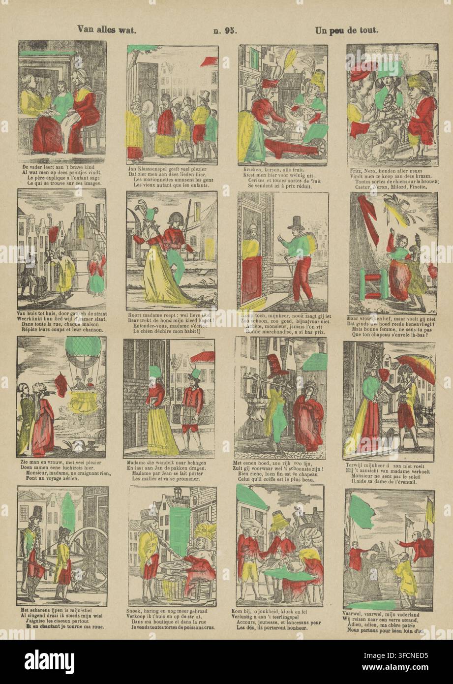 Ein bisschen von allem, Un peu de tout, Druck, beliebter Druck, Blatt mit 16 Illustrationen verschiedener Art, darunter ein Obsthändler, eine Heißluftballonfahrt und ein Scheren-Schärfer. Unter jedem Bild ein zweizeiliges Gedicht auf Niederländisch und Französisch. Nummeriert oben in der Mitte: Nr. 95., Verlag: Franciscus Antonius Beersmans, Turnhout, Europa, 1866 - 1902, Drucker, Papier, Holzschnitt, Farbe, Buchdruck, Holzschnitt in Gelb, Grün und Rosa gefärbt, Text im Buchdruck, Höhe 425 mm x Breite 308 mm, Händler, Verkäufer, Straßenhändler, Handwerk und Industrie, (fliegender) Gasballon., Ein Blatt mit einem Raster von Stockfoto