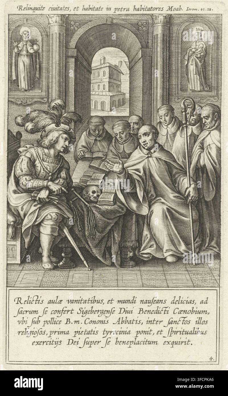 Gespräch zwischen dem heiligen Norbert und Abt Connon, Druck, Buchillustration, Seriennummer, 4, 34, Heiliger Norbert reist zum Benediktinerkloster Siegburg und spricht dort mit Abt Connon. Der Druck hat zwei lateinische Inschriften: eine oben und eine unten im Bild., Druckgrafiker: zugeschrieben Cornelis Galle (I), Antwerpen, Schreiber (Geistlicher): Johannes Chrysostomus van der Sterre, Verleger: Theodoor Galle, 1622, Schreiber (Geistlicher), zugeschrieben, Papier, Radierung, Gravur, Höhe 152 mm x Breite 93 mm, Norbert - Taufe, Weihe, Gelübde des männlichen Heiligen, Nordrhein- Stockfoto