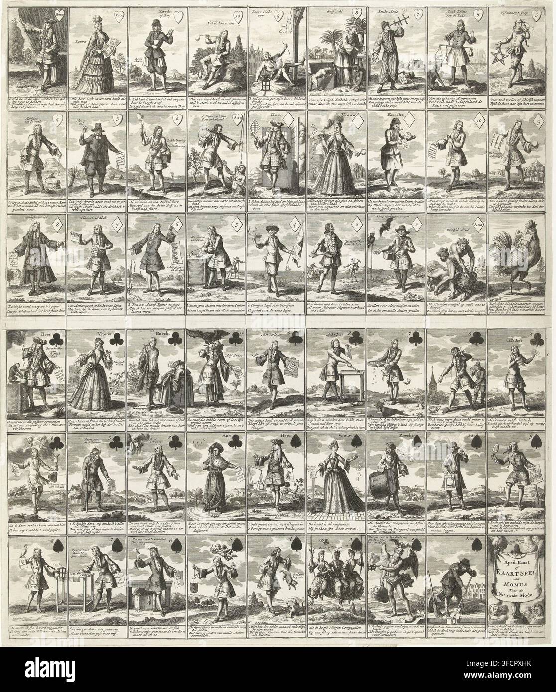 April-Karte oder Kartenspiel von Momus, 1720, April-Karte oder Kartenspiel von Momus In der neuesten Mode, Das große Tableau der Torheit, Karikatur, Druck, April-Karte oder Kartenspiel von Momus. Blatt mit einem vollständigen Kartenspiel aus 52 Spielkarten, jede Karte mit einer Illustration und einem Vers, der sich auf den Spekulationshandel von 1720 bezieht. Druck 65 in der Serie Das große Tableau der Torheit mit satirischen Karikaturen über den Spekulationshandel oder Aktienhandel von 1720. Dem Blatt liegt eine gedruckte Erklärung der Illustrationen bei., Radierer, Nordniederlande, Papier, Radierung, Höhe 528 mm x Breite 450 mm, Stockfoto