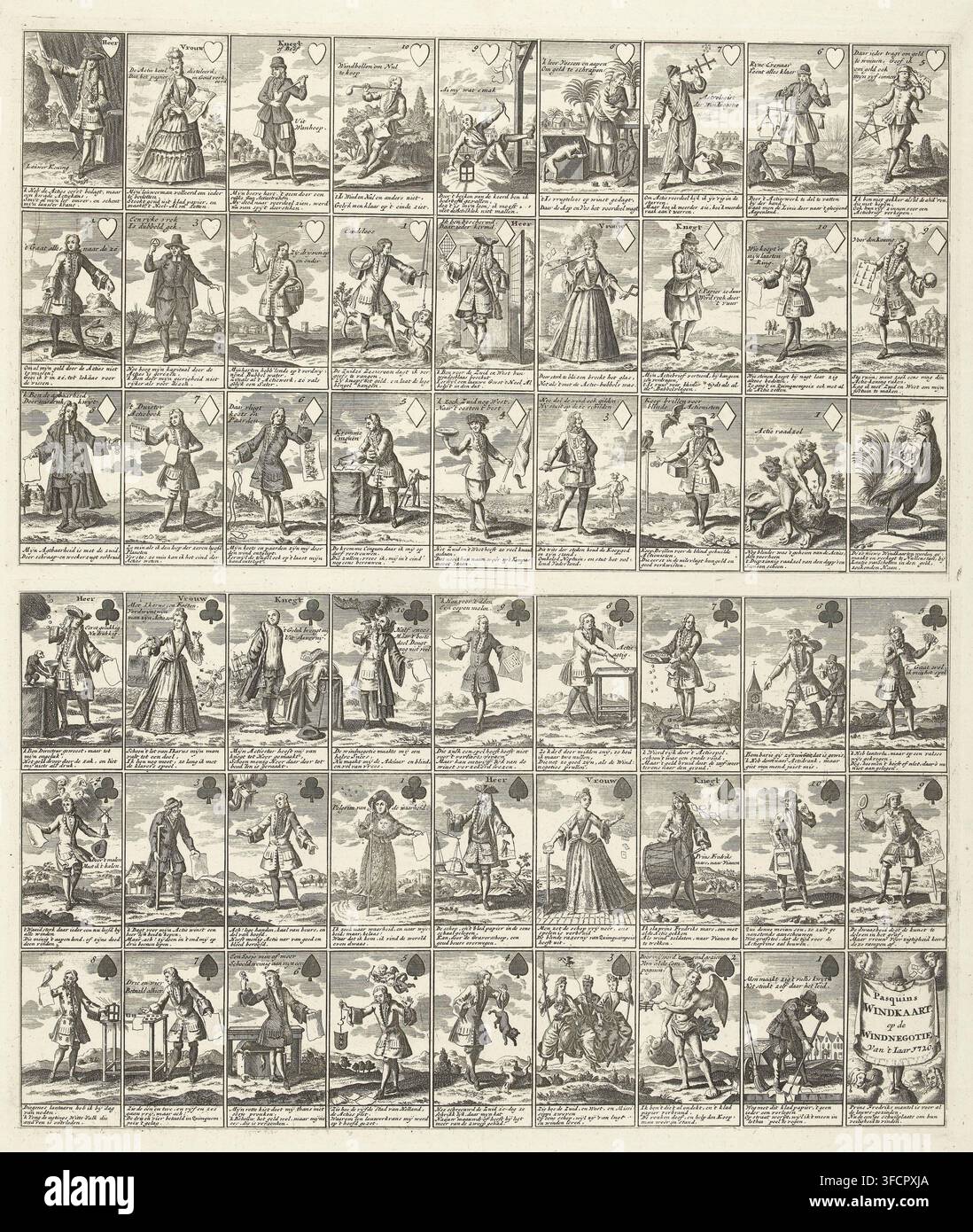 Pasquins Windkaart über den Windhandel von 1720, Pasquins Windkaart über den Windhandel des Jahres 1720, Das Große Tableau der Torheit, Karikatur, Druck, Pasquins Windkaart über den Windhandel von 1720. Blatt mit einem vollständigen Satz von 52 Spielkarten, jede Karte mit einer Illustration und einem Vers zum Thema Windhandel. Von Muller als später Druck von Druck 65 in der Serie Tableau der Torheit mit satirischen Karikaturen über den Windhandel oder Aktienhandel von 1720 beschrieben; es handelt sich jedoch um eine späte Kopie, die nie in das Tableau aufgenommen wurde., Druckgrafiker, Nordniederlande, Papier, Radierung, Höhe 525 mm x Stockfoto