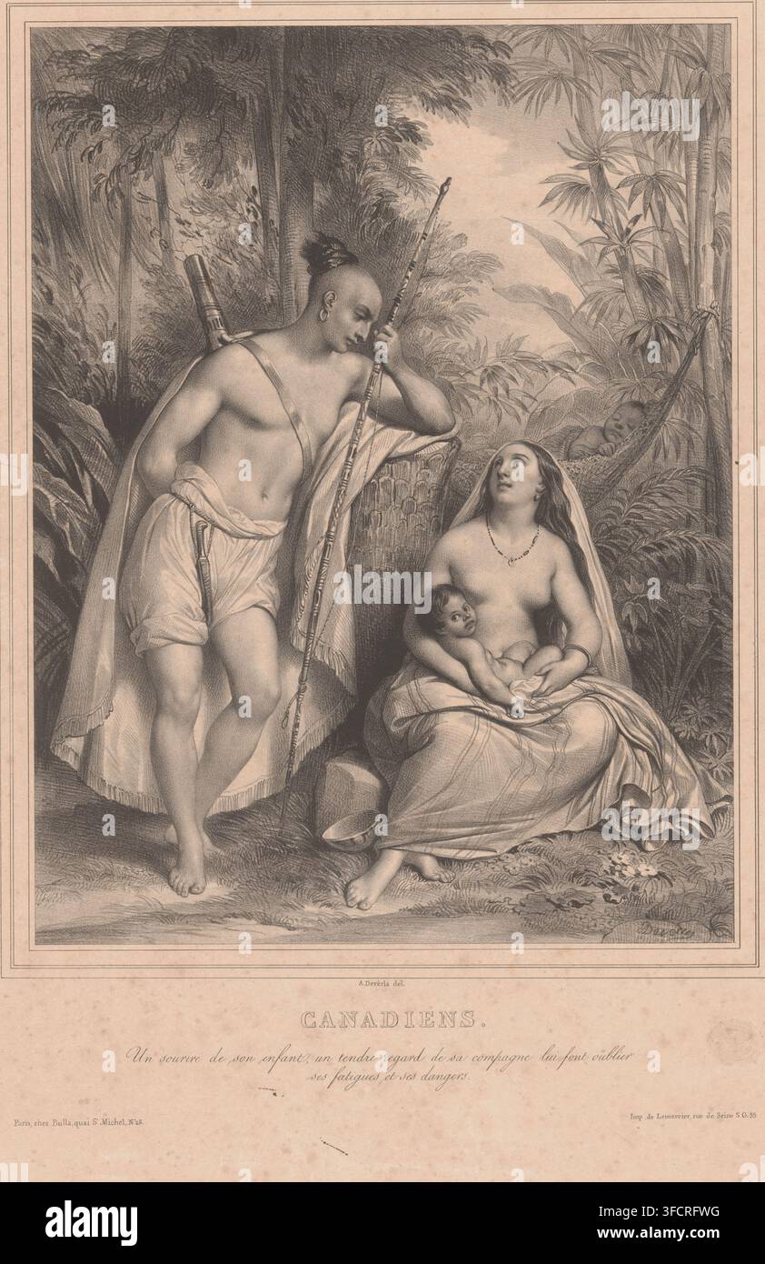 Familie der indigenen Völker Kanadas, Kanadier, verliebte Paare aus verschiedenen Ländern, Druck, Drucker: Achille Devéria, Paris, Drucker (Person): Joseph Rose Lemercier, Verleger: François Bulla, 1834 - 1838, Drucker (Person), Papier, Lithografie, Höhe 544 mm x Breite 375 mm, menschliche Rassen, Völker und Nationalitäten (andere als prähistorisch oder ausgestorben), Eltern mit ihren Kindern, Nordamerika, Kanada., Eine monochromatische Lithografie, die einen Mann und eine sitzende Frau mit zwei Säuglingen in einer dichten Waldkulisse zeigt; der Mann steht barfuß mit einem Haarknoten und einem Ohrring, trägt ein Stockfoto