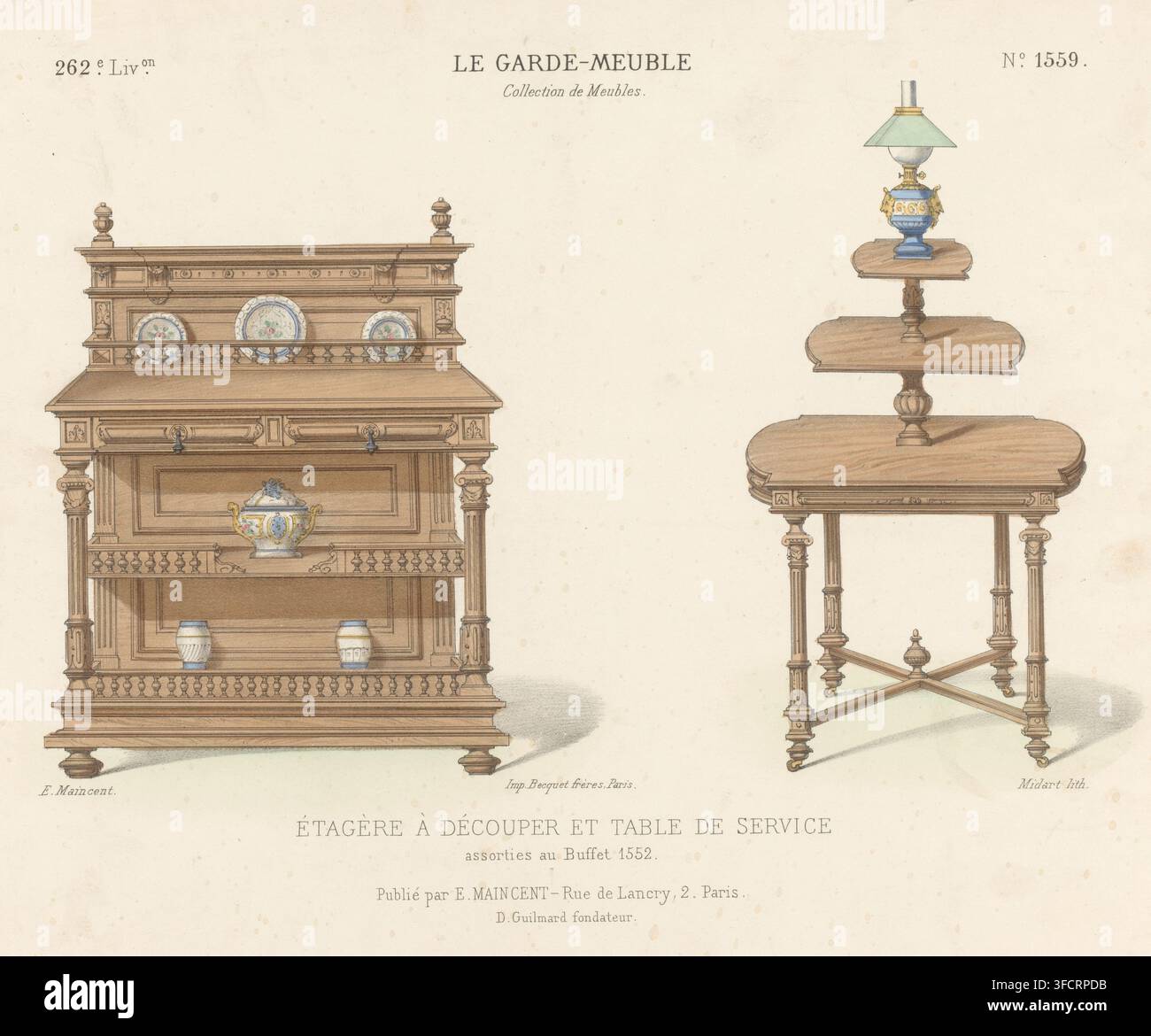Schrank und Tisch, Étagère à découper et table de service, Le garde-meuble, Collection de Meubles, Druck, Seriennummer, 1559, Ein offener Porzellanschrank und ein Tisch, bestehend aus drei Regalen. Druck aus 262e Livraison., Druckgrafiker: Midart, Drucker (Person): Becquet frères, Paris, Verleger: Eugène Maincent, Verleger: Désiré Guilmard, 1885 - 1895, Drucker (Person), Papier, Lithografie, Handfärbung, handgefärbt, Höhe 274 mm x Breite 360 mm, Tisch, Möbel zur Aufbewahrung., Das Bild zeigt zwei Holzmöbelstücke auf einem hellen Hintergrund: links ein hoher, verschnörkelter Schrank mit geschnitzten Stockfoto