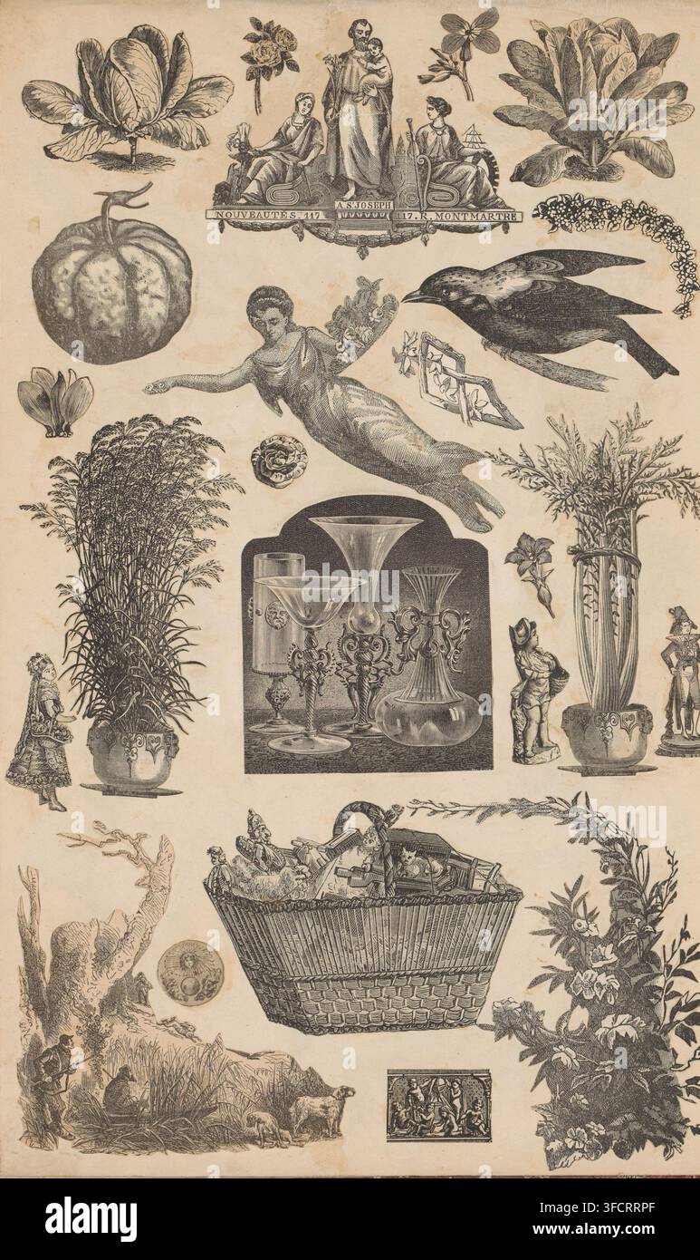 Eine Collage aus monochromen radierten Illustrationen, angeordnet auf einem hellen Hintergrund, einschließlich dekorativer Blattpflanzen in kunstvollen Töpfen, einem großen gewebten Korb gefüllt mit verschiedenen Gegenständen, einer liegenden weiblichen Figur mit ausgestrecktem Arm, einem detaillierten Vogel im Flug, verschiedenen Glaswaren und Vasen, die auf einem dunklen gewölbten Panel ausgestellt sind, einer runden Frucht, Blumenzweigen und Blüten, einem Büschel hohem Grasfollikel, einer kleinen stehenden Kinderfigur und anderen kleinen Statuetten, einer Gruppenszene mit sitzenden Figuren unter einem kunstvollen Wappen oben und einer kleinen ländlichen Szene mit Menschen und Hunden unten. Stockfoto