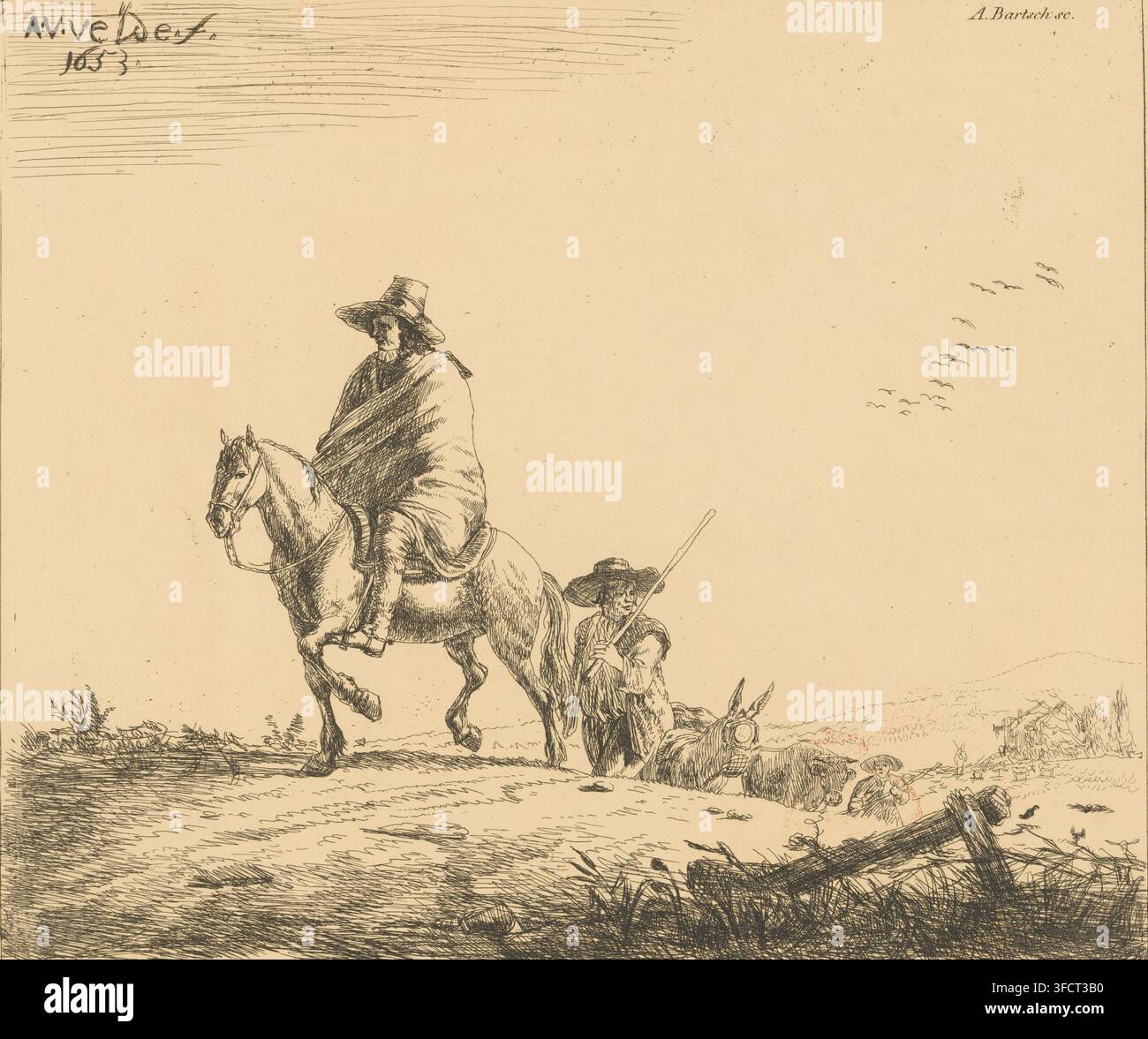 Reiter und Hirten mit Vieh auf einem Feldweg, Druck, Dieser Druck ist Teil eines Albums., Drucker: Adam von Bartsch, Wien, nach Entwurf von Adriaen van de Velde, Niederlande, Verleger: Joseph Vincenz Degen, 1803, Niederösterreich, Papier, präpariertes Papier, Radierung, Radierung auf gelbem präpariertem Papier, Höhe 173 mm x Breite 203 mm, Mulde., Eine Feder- und Tinten-Szene auf hellem Hintergrund, die eine verhüllte Gestalt zeigt, die ein Pferd mit breitem Hut reitet, eine stehende Gestalt neben dem Pferd, die einen langen Stab hält, einen liegenden Esel mit Zaumzeug, verstreute Vegetation und raue Bodenlinien, eine kleine ferne Ansammlung von Stockfoto