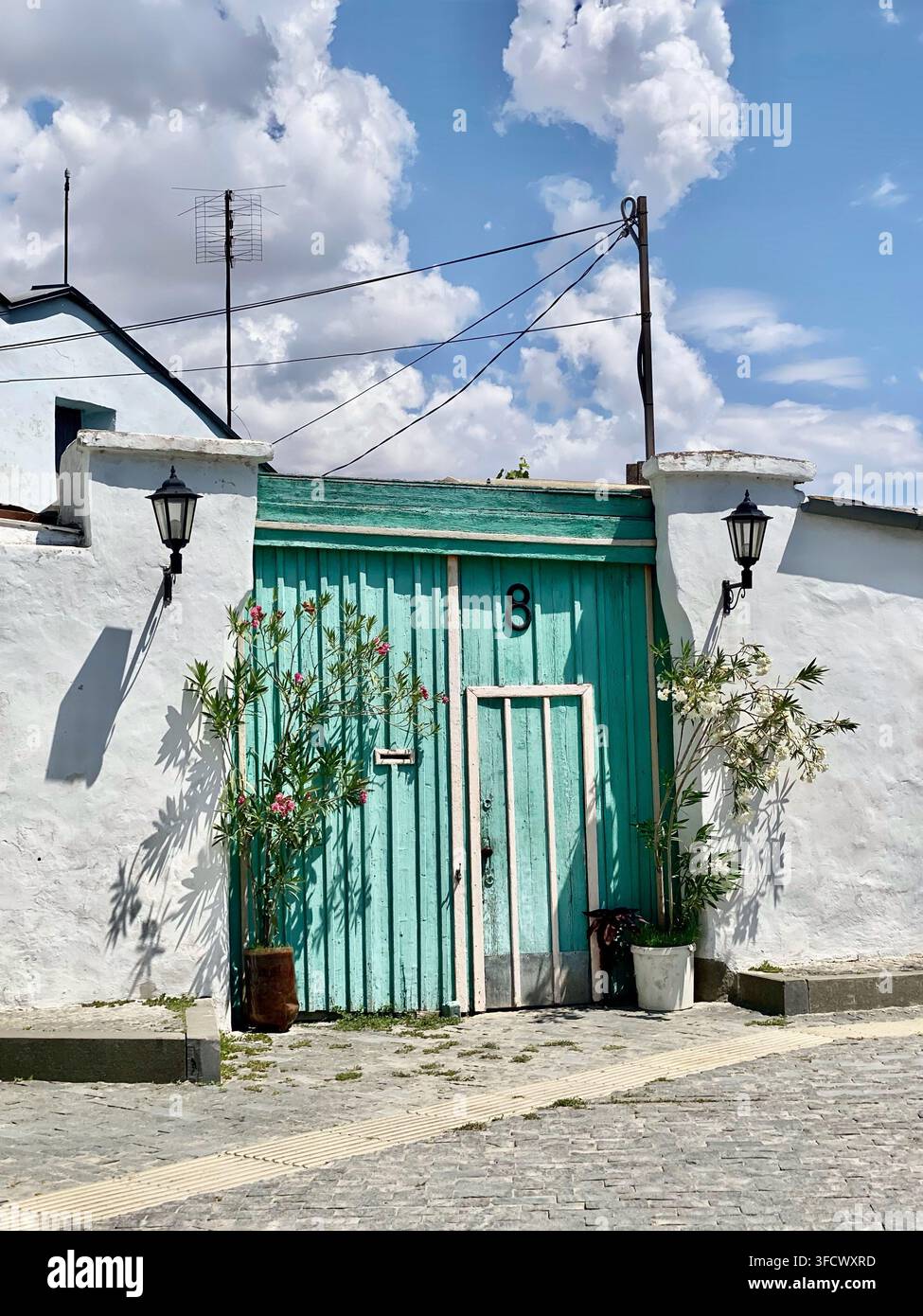 Türkisblaues Holztor mit blühenden Pflanzen in einem traditionellen weiß getünchten Innenhof in Jewpatorija, Krim. - Smartphone-aufgenommenes Stockfoto