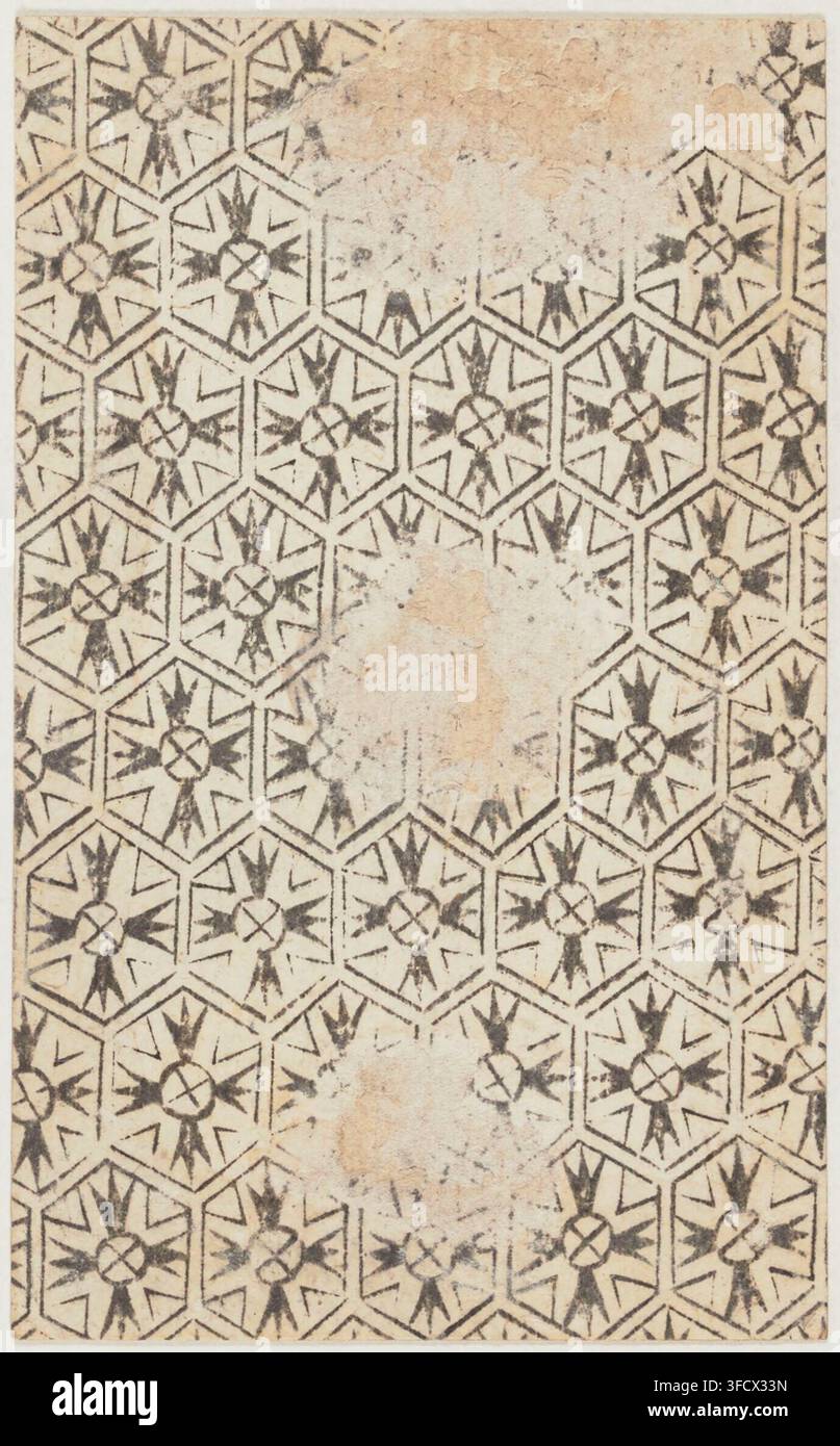 Ein Stich aus dem Jahr 1659 aus dem "Tarot Noblet"-Set, das ein geometrisches Muster mit sternförmigen Formen in einem sich wiederholenden sechseckigen Raster zeigt, ein Beispiel für italienisches Tarokdesign. Stockfoto
