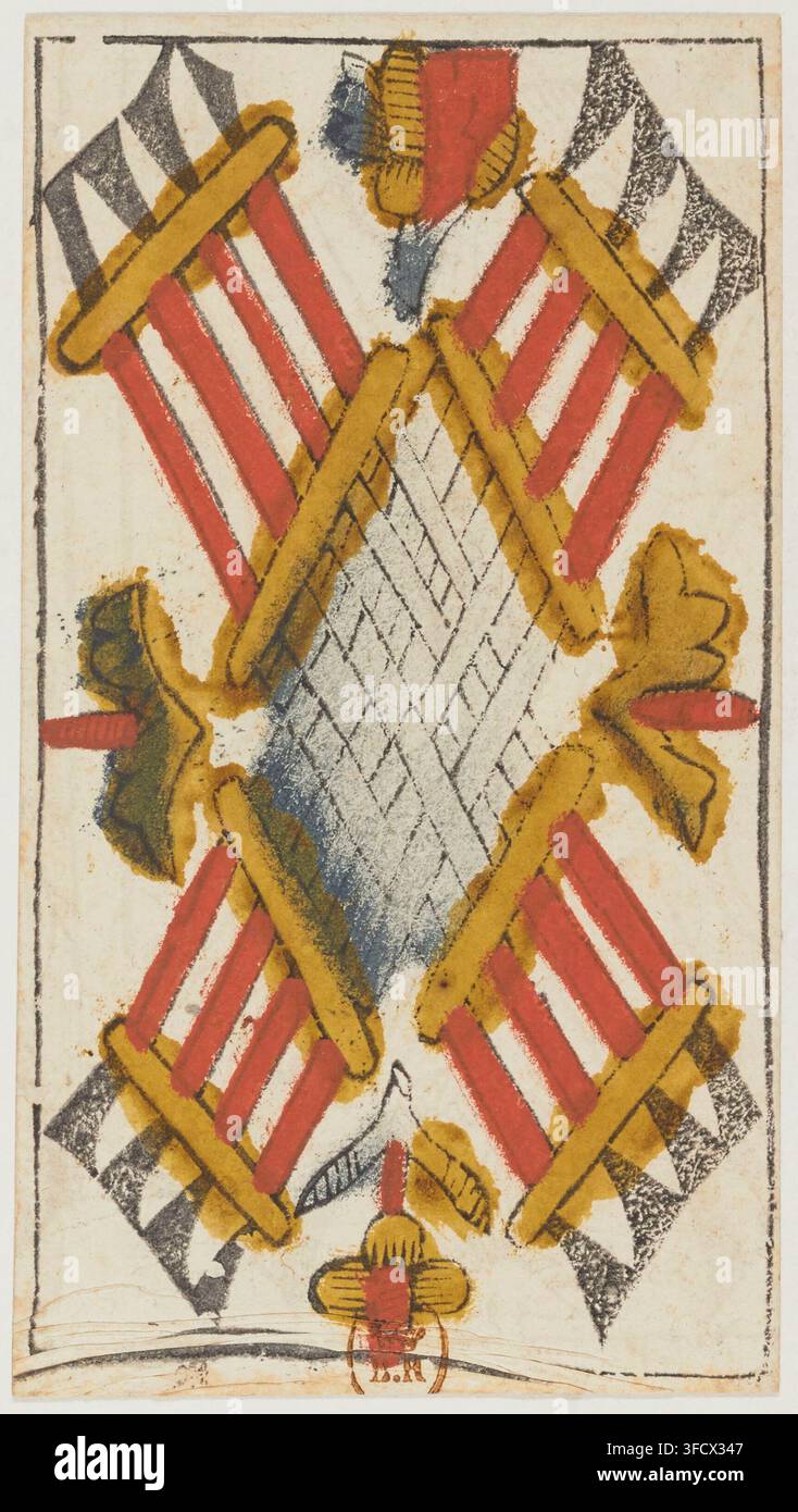 Eine Tarotkarte aus dem Jahr 1650 aus dem "tarot Viéville"-Set, die eine zentrale rautenförmige Form zeigt, umgeben von roten und gelben Balken und einem schwarz-weißen karierten Muster in den Ecken. Stockfoto