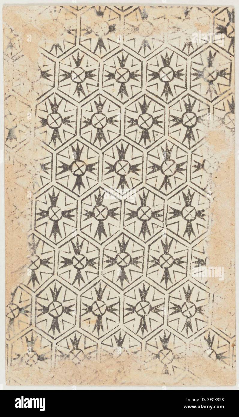Ein Druck von 1659 aus dem „tarot Noblet“-Set, das ein geometrisches Muster aus ineinandergreifenden Sechsecken und sternförmigen Formen zeigt, ein Beispiel für das italienische Tarotkartendesign des 17. Jahrhunderts. Stockfoto