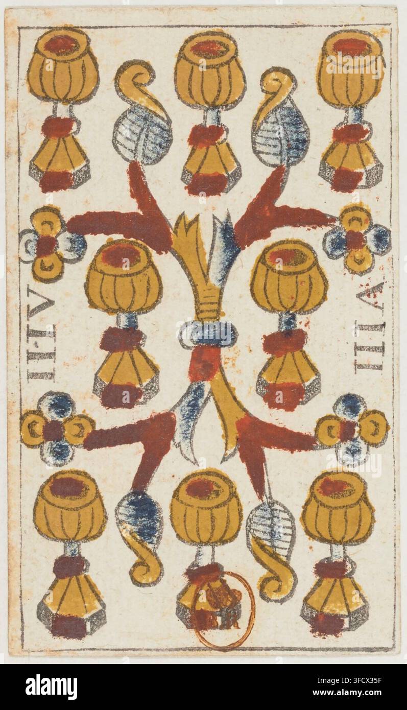 Ein Kupferstich von 1659 einer Tarotkarte aus dem "tarot Noblet"-Set, der eine symmetrische Anordnung von stilisierten Kelchen und eine zentrale Figur zeigt, die einem Vogel oder einem Hahn ähnelt, umgeben von dekorativen Elementen. Stockfoto