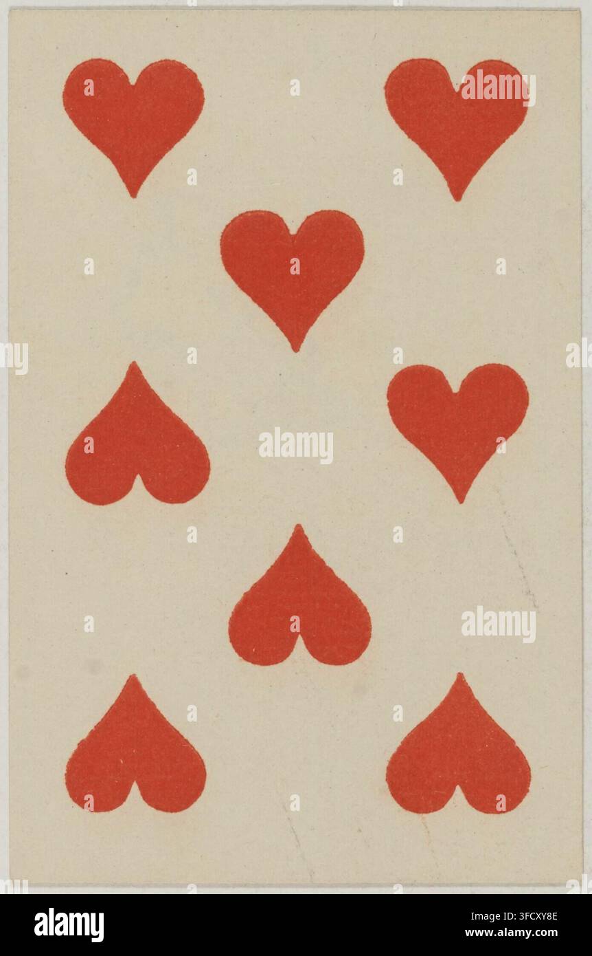 Ein Druck von 1900 einer Spielkarte mit neun roten Herzsymbolen in einem Rastermuster, aus dem Set „Jeu de cartes au portrait grec“, ein graviertes Deck mit 52 Karten mit eckigen Ecken und farbigen Bildern. Stockfoto